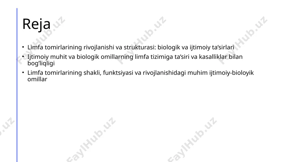 a ekologik sharoitlar bilan bog'liq bo'lib, ular limfa tizimining samaradorligini va immun javoblarini ta'sir qiladi. tuzilma va funktsiya limfa tomirlarining shakli va tuzilishi funktsional imkoniyatlarini belgilaydi, shuningdek, jarohat yoki kasallik holatlarida adaptatsiya qobiliyatini oshiradi. biologik va ijtimoiy ta’sirlar odamlarning biologik va ijtimoiy muhitlari limfa tomirlarining shakli va strukturaviy o'zgarishlariga ta'sir ko'rsatadi, bu esa sog'liq va kasallik rivojlanishiga ta'sir qiladi. biologik va ijtimoiy omillar o'rtasidagi o'zaro ta’sirlar va limfa tizimining rivojlanishi genetik va muhit o'zaro ta’siri limfa tizimining rivojlanishi genetik omillar va atrof-muhit sharoitlarining birgalikdagi ta’siri bilan shakllanadi. bu ta’sirlar, ayniqsa, immunitet va limfa yo‘llarining rivojlanishiga ta’sir qiladi. ijtimoiy muhit va biologik o‘zgarishlar ijtimoiy sharoitlar, ovqatlanish, sanitariya va sog‘liq muammolari biologik rivojlanishga ta’sir qiladi. bu faktorlar limfa tomirlarining o‘sishi va funktsiyalarini shakllantiradi. o'zaro ta’sirlar va sog‘liq ijtimoiy va biologik omillar o‘rtasidagi integratsiya limfa tizimining rivojlanishini ta’minlaydi. bu, o‘z navbatida, kasalliklar va immunitet javoblariga ta’sir qiladi. xulosa 1 limfa tomirlarining rivojlanish asoslari …