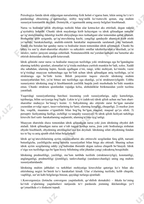 siga gallyutsinatsiya deyiladi. gallyutsinatsiya hodisasi muvaqqat ruhiy xastalikning alomati bo‘lib, ba’zan qo‘rqich hissi mahsuli hisoblanib, bosh miya katta yarim sharlari qobig‘idagi qo‘zg‘alish jarayonlarining nuqsonli, sust (patologik) harakati natijasida, goho asab tizimining zaharlanishi, zaiflashuvi, haddan tashqari toliqishi tufayli yuzaga kelishi mumkin. bizningcha, gallyutsinatsiya hodisasi bir necha xil ko‘rinishga ega bo‘lishi mumkin, ularning eng asosiylari quyidagilardan iboratdir: a) yo‘q narsalarning ko‘zga ko‘rinishi; b) u yoki bu ovozlar, tovushlar, kuylar eshitilishi; v) yo‘q sharpalar, hidlar sezilishi kabilar. illyuziya hissiy a’zolarimizga bevosita ta’sir etib turgan narsa va hodisalarning noto‘g‘ri (noadekvat), yanglish, xato idrok qilishdan iborat jarayonning noyob hodisasidir. ba’zan psixologiya fanida noto‘g‘ri (noadekvat) idrok qilishga olib keluvchi qo‘zg‘atuvchilar konfiguratsiyasining (lotincha «contiguratio» tashqi tuzilishida o‘xshashlik, o‘zaro o‘xshashlik, joylashuvda yondashuvlik deganidir) o‘zi ham illyuziya deb ataladi. «adekvat» tushunchasi lotincha «adae gguatus», ya’ni teppa-teng, mutlaqo mos, ayni to‘g‘ri demakdir. hozirgi davrda ko‘rish idrokini kuzatishning eng samaralisi - bu tasvirlarning ikki o‘lchovli ifodalanishidir. illyuziyalarning bir turkumi optik geometrik …