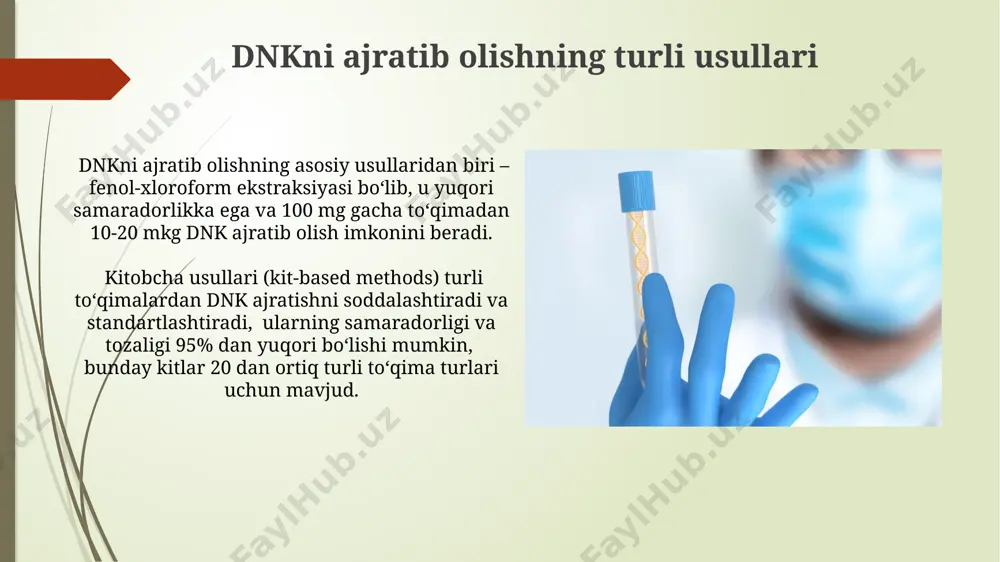 ni boyitish texnikasi, masalan, kolonna xromatografiyasi yoki magnit boncuk usullari yordamida hal qilish mumkin. dnkni tozalash va choʻktirish dnkni tozalash jarayonida 260 nm va 280 nm to'lqin uzunliklarida o'lchanadigan optik zichlik nisbati dnkning tozaligini aniqlashda muhim ko'rsatkich bo'lib, ideal nisbat 1,8 ga yaqin bo'lishi kerak. dnk cho'ktirishda ishlatiladigan isopropil spirti miqdori dnkning konsentrasiyasiga va hajmiga bog'liq bo'lib, odatda dnk hajmining 0,7-1 baravar miqdorida qo'llaniladi. dnkning sifatini va miqdorini baholash agar dnkning uzunligi 10 kb dan yuqori bo'lsa va elektroforezda aniq, yaxlit bantlar kuzatilsa, bu uning yuqori sifatini ko'rsatadi. kvantifikasyon uchun qubit yoki nanodrop kabi usullar yordamida dnk konsentratsiyasi 50-100 ng/µl oralig'ida bo'lishi maqsadga muvofiqdir. pcr va boshqa molekulyar usullar uchun dnkni tayyorlash dnkning miqdori va sifati, masalan, nanodrop yordamida 260 nm da oʻlchanadi va keyinchalik real-time pcr yoki boshqa usullar orqali aniqlanadi, bu taxminiy 10 ng/µl dan ortiq boʻlishi kerak. pcr uchun dnkni tayyorlashda, 260/280 nm nisbati 1,8-2,0 oraligʻida boʻlishi …