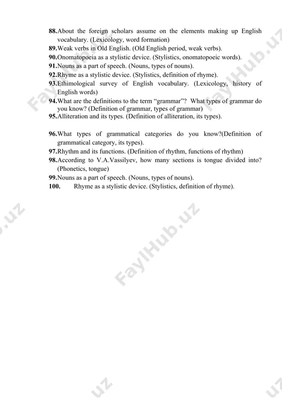 tions is tongue divided into? (phonetics, tongue) 99. nouns as a part of speech. (nouns, types of nouns). 100. rhyme as a stylistic device. (stylistics, definition of rhyme).