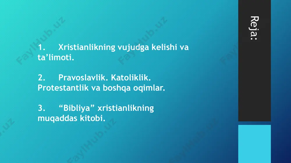 n qilgan. shu tariqa, dunyoviy podsho cherkov yordamida xudoning noibiga aylangan. xristianlikning yo’nalishlaridan birinchisi katoliklar (yunoncha: ma’nosi - “umumjahon”, “umumiy”, “asosiy”) xristianlikdagi pravoslaviye va protestantlik yo’nalishlari qatorida keng tarqalgan asosiy yo’nalishlardan biri bo’ldi. u diniy ta’limot va cherkov tashkiloti sifatida asosan 1054 - yilda xristianlikning ikki asosiy cherkovga - katolik va pravoslaviye mazhablariga bo’linib ketganidan keyin vujudga keldi. katolik cherkovi qat’iy markazlashtirilgan, yagona jahon markazi vatikan davlatida joylashgan. uning bosh ruhoniysi, yepiskopi, birdan-bir boshlig’i rim papasidir. katolik cherkovini amalda papa va uning joylardagi kardinallar boshqaradilar. katolik cherkovida kardinal rim papasidan keyingi oliy ruhoniy bo’lib, kardinallar majlisining roziligi bilan papa tomonidan tayinlanadi va u papaning eng yaqin maslahatchisi hisoblanadi. o’z navbatida kardinallar yig’ilishi rim papasini saylaydi. kardinallarning umumiy soni asrlar davomida 70 nafardan oshmagan, ularning ko’pchiligi italyanlar bo’lgan. ikkinchi jahon urushidan keyin ularning soni ko’payib, hozirgi vaqtga kelib 140 nafardan oshib ketdi. katoliylik rim papasini iysoni yerdagi noibi, u dinva ahloq …