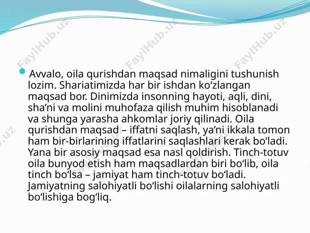 rat ostidagi klinik stipendiyani (odatda 2 yil) yakunlashlari kerak. magistr darajasiga ega bo'lgan terapevtlar, shuningdek, nikoh va oilaviy terapiya bo'yicha tartibga soluvchi kengashlar uyushmasi tomonidan boshqariladigan litsenziya imtihonidan o'tishlari kerak. boshqa tomondan, doktorlik terapevtlari uchun litsenziya imtihonlari davlat va viloyat psixologiya kengashlari uyushmasi tomonidan boshqariladi. xulosa oila murakab va asosiy bo’g’in ekanligini hisobga olsak er va xotin munosabati alohida o’rin egallagan . oilaning ruhiyati va energiyasini ota onalar belgilaydilar . shuning uchun oila azolari bir birlarini tushunishi va sog’lom psixologik muhit yaratishlari uchun ota ona alohida etibor berishi kerakdir. bu nafaqat oilaning rivojlanishi balki jamiyatning rivojlanishining asosiy omilidir . zero har bir narsa tarbiya bilan bog’liqdir foydalanilgan adabiyotlar ziyodulla isroilov “oila psixologiyasi a.g’ulomov s.s xamidov m.x psixologiya asoslari rasulova m oila va nikoh psixologiyasi xolqulova mohlaroyim oila psixologiyasi uchun tayyorladi /docprops/thumbnail.jpeg