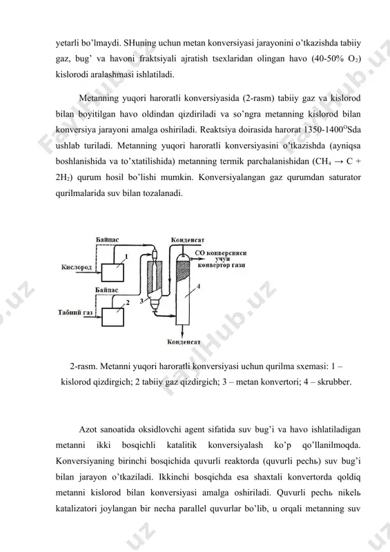 lar oltingugurt birikmalari (h2s, merkaptanlar, uglerod oltingugurt oksid) hamda uglerod oksidlari (so2 va so) dir. ammiak ishlab chiqarishda muhim jarayonlardan biri birinchi bosqichda gazlarni tozalashdir. sanoat miqyosida tozalash suyuqlik (nam) va quruq usullardan iborat. suyuqlik usuli suyuq yutuvchilar – absorbentlar yordamida bajariladi. bu usullar fizik absorbtsiya va kimyoviy reaktsiyalar orqali amalga oshiriladi. quruq tozalash usuli quruq yutuvchilar yordamida moddalarni yutdirishga asalangan. bunga fizik adsorbtsiya va xemosorbtsiyaga asoslangan, qo’shimchalarni katalitik o’zgarishiga asoslangan usullar kiradi. adsorbent sifatida faollangan ko’mir, faollangan temir oksidi va soda aralashmasi (temir-soda massasi) va boshqalar ishlatiladi. talab qilinadigan tozalash darajasi bo’yicha nisbiy qo’pol, o’rtacha va nozik tozalash usullariga bo’linadi. gazlarni h2s va co2 dan tozalash uchun etanolamin eritmasi (aminospirtlar) ishlatiladi. ular ishqoriy xossaga ega bo’lib, kislotalar bilan taьsirlashganda tuzlar hosil qiladi. etanolaminlar ichida monoetanolamin (mea) kuchli asos xossasiga egadir. monoetanolamin [(ohch2ch2)nh2] ning h2s va co2 bilan o’zaro ta’siri quyidagicha: 2rnh2 + h2s ⇄ (rnh3)2s (5) (rnh3)2s + h2s …