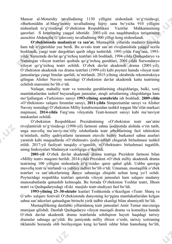 sh muhim vazifalardan biri sifatida kun tartibiga ko‘ngdalang qo‘yildi. o‘zbekistonda rasman 3 ta xotira kuni mavjud: 1) 1999-yildan boshlab 9 may – «xotira va qadrlash kuni»; 2) 2001-yildan e’tiboran 31-avgust – «qatag‘on qurbonlarini yod etish kuni»; 3) 2017-yildan boshlab 2-sentyabr – o‘zbekiston respublikasining birinchi prezidenti islom karimov xotirasi kuni. milliy-ma’naviy merosga yangicha munosabat davlat miqyosida birinchi prezidentimiz islom karimov rahbarligida amalga oshirila boshlandi. eng avvalo milliy ma’naviyatimizga, jahon sivilizatsiyasi taraqqiyotiga buyuk hissa qo‘shgan bobolarimiz – imom buxoriy, imom termiziy, bahouddin naqshband, xo‘ja ahmad yassaviy, al-xorazmiy, al-farobiy, ibn sino, al-beruniy, mirzo ulug‘bek, alisher navoiy, zahiriddin muhammad bobur va boshqa ko‘plab ajdodlarimizning milliy va ma’naviy merosi xalqimizga qaytarildi, tavallud topgan kunlari jahonda va mamlakatimizda nishonlanib, ruhlari shod etildi va asarlari nashr etildi hamda qadamjolari obod qilindi. islom olami allomalarining diniy qarashlari, ijodiy faoliyatlari o‘rganilib, tavallud topgan kunlari bayram qilindi. ularga yodgorlik maydonlari yaratilib haykallar o‘rnatildi. xalqimizning azaliy qadriyati, sevimli bayrami hisoblanmish «navro‘z» …