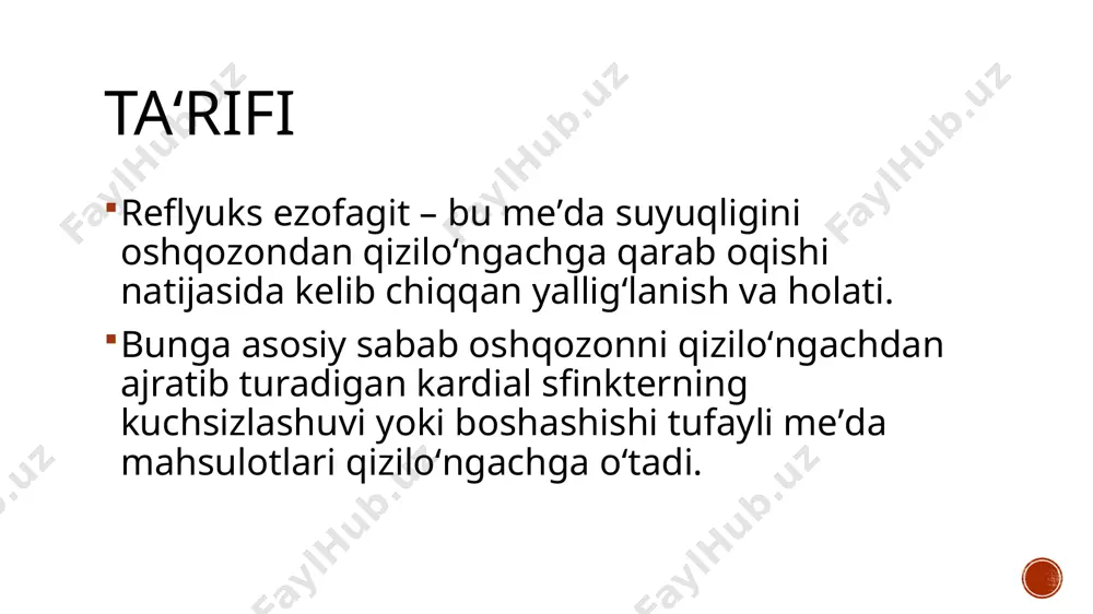 iladorlik: homiladorlik davrida qorin bo'shlig'idagi bosimning oshishi, gormonal o'zgarishlar bilan birgalikda reflyuks belgilari paydo bo'lishiga yordam beradi. chekish: tamaki tutuni lesni zaiflashtirishi va tupurik ishlab chiqarishni kamaytirishi mumkin, bu odatda oshqozon kislotasini zararsizlantirishga yordam beradi. diet omillari: yog'li va qizarib pishgan ovqatlar: ular lesni tinchlantirishi va oshqozon bo'shatishini kechiktirishi mumkin. tsitrus mevalari, pomidorlar va achchiq ovqatlar: ular qizilo'ngachni bezovta qilishi mumkin. simptomlari oshqozon yonishi: ko'krak qafasidagi yonish hissi yoki noqulaylik, ko'pincha ko'krak suyagi orqasida, bo'yin va tomoqqa qarab yuqoriga qarab harakatlanishi mumkin. regürjitatsiya: oshqozon tarkibidagi kislota, shu jumladan, tomoqqa yoki og'izga qayta ko'tarilish hissi. bu ba'zida achchiq yoki nordon ta'mga olib kelishi mumkin. ko'krak og'rig'i: yurak bilan bog'liq ko'krak og'rig'iga taqlid qilishi mumkin bo'lsa-da, reflyuks bilan bog'liq ko'krak og'rig'i odatda unchalik kuchli emas. ko'krak qafasidagi o'tkir yoki yonish og'rig'i sifatida sezilishi mumkin. yutish qiyinligi (disfagiya): qizilo'ngachning tirnash xususiyati va yallig'lanishi yutishda qiyinchiliklarga olib kelishi mumkin. tomoqdagi ovqatni yopish hissi paydo …