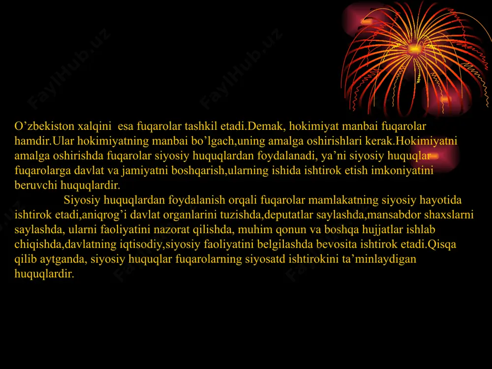 asining qonunlari va ozga qarorlarni qabul qilish ularni aniqlash maqsadida umumxalq ovoz berishii bo’lib, xalq hokimiyatini bevosita amalga oshirish vositasidir.”demak, referendumda davlat va jamiyat hayotida tegishli eng muhim masalalar hal qilinadi.buni misol sifatida 1991-yil dekabrda o’zbekistonda referendum o’tkazilib,o’zbekiston mustaqilligi aniqlanganligi,1995-yil referendum o’tkazilib,respublika prezidentining vakolatini 2000-yilgacha uzaytirilganligini ko’rsatish mumkin. xalqning xoxish irodasini bildirishning yana bir vositasi, bu ularni umumxalq muhokamasida qatnashishi va muhokamaga qo’yilgan masalalar yuzasidan o’z fikrlarini , istaklarini bildirishdir.bu huquq orqali ham xalq ijtimoiy hayotda ishtirok etadi.ijtimoiy hayotni belgilovchi hujjatlarning mukammal bo’lishiga ta’sir qiladi.keyingi vaqtda qabul qilinayotgan qonunlar ko’proq umumxalq muhokamasiga qo’yilib, muhokama natijasida tushgan fikr mulohazalar hisobga olinib,qonun loyihalari takomillashtirilib qabul qilinmoqda. amaldagi o’zbekiston respublikasi konstitutsiyasi, saylov to’g’risidagi qonuni, jinoyat,fuqarolik kodekslari umumxalq muhokamasidan o’tib qabul qilingan qonunlardir. o’zbekiston respublikasi konstitutsiyasining 33- moddasida “fuqarolar o’z ijtimoiy faolliklarini o’zbekiston respublikasining qonunlariga muvofiq mitinglar, yig’ilshlar va namoyishlar shaklida amalga oshirish huquqiga egadir.hokimiyat organlari faqat xavfsizlik nuqtai nazaridangina bunday tadbirlar o’tkazilishini to’xtatish …