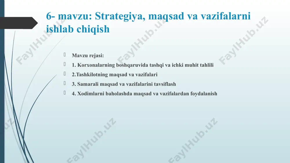 ammo tashkilot o‘z ta'minotchisini tanlash imkoniga ega. 2. kapital va moliyaviy resurs ta'minotchilari. tashkilot moliyalashtirish hajmi, foiz stavkalari, kreditlash muddatlariga bog‘liq bo‘ladi. 3. mehnat resurslari ta'minotchilari tashkilot ishga jalb etayotgan kadrlar malakasi, ularga belgilanadigan talablar, ish haqqi hamda mehnat bozori holatiga bog‘liq bo‘ladi. boshqaruvga marketing yondoshuviga ko‘ra ta'minotchilar tashqi muhitning asosiy omili bo‘lib hisoblanadilar. tashkilot barcha o‘zgarishlari va o‘z tovarlariga talabni bashorat qila olishi, balki mijozlar(xaridorlar)ni shakllantirishi kerak. har bir tashkilot o‘z huquqiy maqomiga ega. huquqiy maqom tashkilotning belgilangan huquqiy me'yorlar asosida nazorat qiluvchi organlar oldidagi majburiyatlari, huquqlari va faoliyat yo‘nalishini belgilaydi. iqtisodiyotni davlat tomonidan tartibga solish 2 yo‘nalishda amalga oshiriladi. to‘g‘ridan-to‘g‘ri (bevosita) ikkilamchi (bilvostita) raqobatchilar eng avvalo narxlarning darajasiga ta'sir etadilar. masalar bozordagi ulushning 10% pasayishi foyda normasining 5,8% kamayishiga olib keladi. raqobat ayniqsa sotuv bozorlari, xom ashyo bozorlari, kapital, innovasiyalardan foydalanish kabi sohalardagi kurashda namoyon bo‘ladi. mulk egalari(ta'sischilar) ni bir vaqtnig o‘zida ham ichki, ham tashqi muhit omillari …