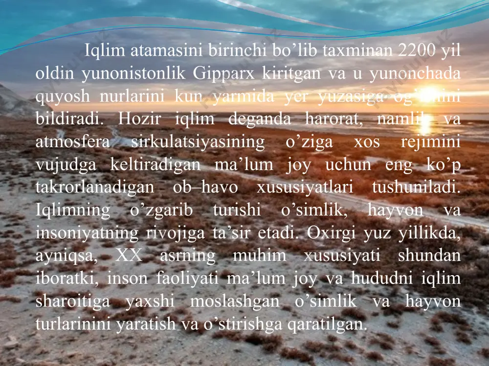 kuchlarni talab qiladi. global isish oqibatida gidrometeorologik hodisalar sodir bo'ladi. jumladan, issiqlik va qurg'oqchilikdan tashqari yog'ingarchilik, suv toshqinlari, hatto g'ayritabiiy sovuqliklar. bunda hech qanday qarama-qarshilik yo'q: issiq o'lkalardagi havoning salqinlashuviga sabab arktika hovuzidagi muzliklar maydonining qisqarishi. muzsiz qolgan suvlar quyosh nurlarini ko'proq o'ziga yuta boshlaydi, shundan so'ng atmosferaga issiqlik ko'p tarqalib havo massasining aylanishini o'zgartiradi. bundan tashqari, muzliklarning tez erishi jahon okeani sathiga ta'sir qiladi. olimlarning taxminicha, 2050 yilga borib global harorat 2 daraja tselsiyga oshishi hozirda sodir bo'layotgan suv toshqinlarining ikki babobarga ortishiga olib keladi. asr oxiriga borib ko'plab orollar hamda materikning okean bilan chegaradosh hududlari suv ostida qolishiga olib keladi. e’tiboringiz uchun rahmat image2.jpeg image3.jpeg image4.jpeg image5.jpeg image6.jpeg image7.jpeg image8.jpeg image9.jpeg image10.jpeg image11.jpeg image12.jpeg /docprops/thumbnail.jpeg