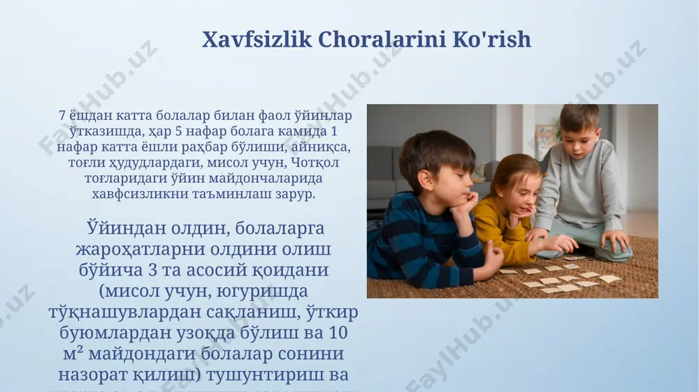 ни режалаштиришда, ҳаракатнинг турли хилларини (югуриш, сакраш, ушлаш) ва тошкент шаҳридаги боғлардан бирида ўтказиладиган жамоавий ишларни ўз ичига олиш муҳим. ўйин майдонининг ўлчами (15x20 метр) ва иштирокчилар сони (10-15 нафар)ни инобатга олган ҳолда, хавфсизлик чораларини белгилаш ва аниқ қоидаларни тузиш зарур, масалан, ўйин пайтида шифокорнинг телефон рақамини айтиб бериш. e'tiboringiz uchun rahmat @taqdimot_robot image4.png image5.jpg image6.jpg image7.jpg image8.jpg image9.jpg image10.jpg image11.jpg image12.jpg image13.jpg image3.jpeg