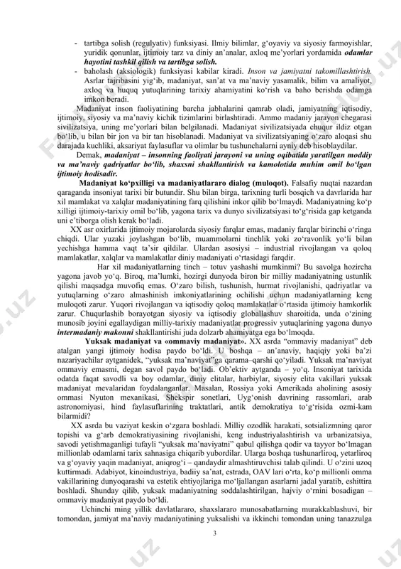 bilan belgilanadi. madaniyatning borlig‘i insoniyat tajribasini o‘zida mujssamlashtirgan alohida madaniy predmetlilikni yaratuvchi sub’ektning o‘ziga xos faoliyati bilan ta’minlanadi. shundan kelib chiqib madaniyatning quyidagi muhim elementlarini farqlash mumkin: - madaniyat sub’ekti; - inson faoliyati; - madaniy predmetlilik; - madaniyatning asosiy funksiyasi – ajdodlar ma’naviy tajribasini saqlash, avloddan-avlodga o‘tkazish va o‘zlashtirishni amalga oshirish bilan bog‘liq odamlar o‘rtasidagi aloqalar. madaniy predmetlilik keng tushuncha bo‘lib, u jamiyatdagi bilimlar, ko‘nikmalar, me’yorlar va qadriyatlarni gavdalantiruvchi barcha narsalarni qamrab oladi. u moddiy madaniyat elementlari - moddiy ishlab chiqarish vositalari, mahsullari va infratuzilmasini, ro‘zg‘or buyumlari va shu kabilarni o‘z ichiga oladi. madaniy predmetlilik til va nutqda, axloqiy xulq-atvor va san’at asarlarida, huquqiy va siyosiy xulq-atvorda, ilmiy asarlar va diniy rasm-rusumlarda mujassamlashgan ma’naviy madaniyatni ham qamrab oladi. moddiy va ma’naviy madaniyat bir-biri bilan uzviy bog‘liq. madaniyatning shakllari va turlari. madaniyatni umumiy tarzda ikki asosiy shaklga: ma’naviy va moddiyga ajratadi. bu bo‘linishni shartli ravishda qabul qilish kerak, chunki ma’naviy madaniyat …
