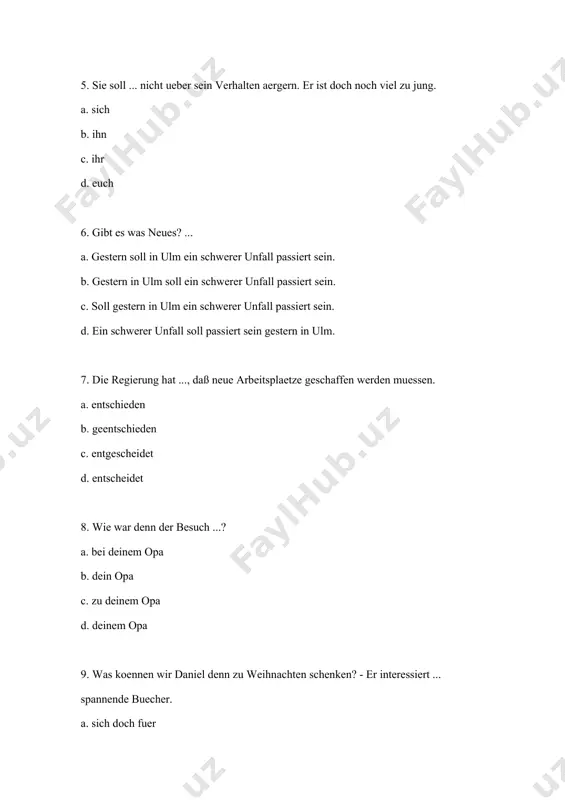 e kalten monate. a. was fuer einen b. welchen c. wen d. wo 16. frau berger, machen sie doch bitte moeglichst schnell den antwortbrief an die firma rau + co. fertig. - der brief... bereits abgeschickt. a. ist b. habe c. hat d. kann 17. sag mal, kennst du vielleicht..., der meine alte kamera kaufen moechte? a. jemanden b. ihn c. man d. er 18. wann komme ich endlich an die reihe? ich warte schon ... zwei stunden. a. seit b. von c. vor d. aus 19. erinnerst du dich nicht mehr an stefan? - ist das der, ... wir letztes jahr in paris kennengelernt haben? a. den b. der c. wen d. zu dem 20. rudolf, deine mutter hat angerufen. du ... um 7 uhr zu hause sein. a. sollst b. willst c. hast d. brauchst 21. sprichst du besser englisch oder deutsch? - englisch kann ich ... deutsch. …