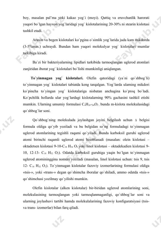 shbog`lar migratsiyasi bilan bog`liq bo`lib, buni misol tariqasida quyidagicha tasvirlash mumkin: – ch2 – ch = ch – ch2 – – ch2 - ch – ch = ch – tabiiy o`simlik moylaridagi to`yinmagan yog` kislotalari asosan tsis- izomer holida bo`lishi aniqlangan. eleostearin kislotasi bundan mustasno. hayvonlar yog`ida ham tsis- izomer holidagi kislotalar miqdori ko`p, ammo, trans- formadagi kislotalar ham uchraydi. to`yinmagan yog` kislotalari fazoviy (tsis-trans) izomerizatsiyasini quyidagicha umumiy qilib tasvirlash mumkin: tsis-forma trans-forma agar qo`shbog`lar soni bir nechta bo`lsa, odatda ular molekulaning uglerod zanjirida shunday tartibda joylashgan bo`ladiki, bunda qo`shbog`lar uglerod atomlari zanjirini uchga karrali ravishda bo`lib chiqadi. bu, masalan olein, linol va linolen kislotalariga ham tegishli. bu kislotalar molekularida quyidagi tartibdagi zanjir fragmentlari uchraydi: -ch=ch-ch2-ch=ch-. ko`rinib turibdiki, bunda qo`shbog`lar -ch2 – guruhchasi orqali ajralib turibdi. ammo, shunday to`yinmagan kislotalar ham borki, ularning zanjirlarida qo`shbog`lar bir-biriga quyidagicha yaqinlashib joylashadi: -ch=ch-ch=ch-. lekin quyidagi tartibda –ch=ch=ch– (kumulyativ qo`shbog`li) joylashgan qo`shbog`lar uchratilmagan. bir …