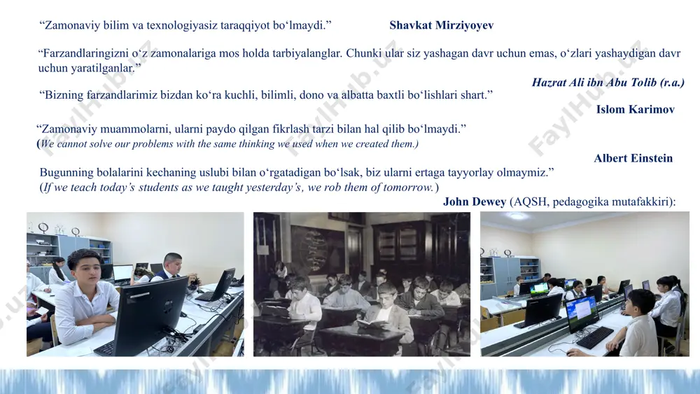 oddiy bayroq, mikrofon) maqsad: tarixiy voqeani qalban his qilish va shaxsiylashtirish * 7. refleksiya (5 daqiqa) metod: refleksiya (yozma yoki og‘zaki) savol: “mening mustaqilligim nima?” variantlar: mini-esse yozish og‘zaki 30 soniyalik fikr bildirish yoki “shaxsiy tarixiy lahza”ni surat yoki audio orqali ifodalash maqsad: darsdan so‘ng o‘quvchining ichki ongida tarixiy ong shakllanishiga imkon yaratish refleksiya — bu "men nima o‘rgandim?", "men qanday o‘yladim?", "men nima qildim va nima uchun?", degan savollarga javob izlash. * 8. baholash va uyga vazifa (2 daqiqa) metod: yakuniy refleksiya + kreativ uy vazifasi baholash mezonlari (25 ball): tarixiy mazmun: 5 ball kreativ ifoda: 5 ball texnologiya va media vosita: 5 ball guruhdagi faollik: 5 ball prezentatsiya sifati: 5 ball uyga vazifa (1-ni tanlash): instagram post: “1-sentabr – meni qanday ilhomlantiradi?” mini-mem: mustaqillik, so‘m, konstitutsiya asosida esse: “oila a’zolarining mustaqillik haqidagi xotiralari” * ✅ xulosa bu dars o‘quvchilarga tarixni faqat bilish emas, his qilish, fikrlash, ifodalash imkonini …