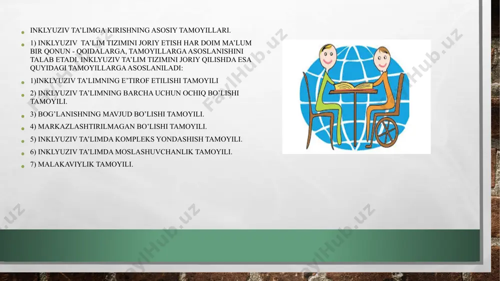a va jihozlar bilan to‘liq ta’minlanmagan; ➢ alohida ta’lim ehtiyojlari bo‘lgan bolalarning bilim olish huquqi, inklyuziv ta’lim tizimining mazmun-mohiyati haqida jamoatchilik o‘rtasida tushuntirish ishlarini olib borish yo‘lga qo‘yilmagani natijasida ota-onalar alohida ta’lim ehtiyojlari bo‘lgan farzandlarini umumta’lim muassasalarida o‘qitishi mumkinligi haqida yetarli ma’lumotga ega emas; alohida ta’lim ehtiyojlari bo‘lgan bolalarni inklyuziv ta’limga jalb qilish bilan bog‘liq muammolarni hal etish masalalariga mahalliy ijro hokimiyati organlari tomonidan yetarli e’tiborqaratilmayapti; ➢ pedagogika yo‘nalishidagi otmlar o‘quv dasturlariga inklyuziv ta’lim berish metodikasiga oid fanlar kiritilmagan; ➢ pedagogika va metodika fanlariga oid darsliklarda inklyuziv ta’lim dasturlari kiritilmagani, shuningdek, bo‘lajak pedagoglarning alohida ta’lim ehtiyojlari bo‘lgan bolalar jalb qilingan ta’lim muassasalarida amaliyot o‘tamayotgani ularning kasbiy tayyorgarlik sifatiga salbiy ta’sir ko‘rsatmoqda. imkoniyati cheklangan bolalarga oiladagi ota-ona munosabatlarini quyidagi turlari farqlanadi: -avtoritar uslubdagi munosabatlar; -nevrotik holatdagi munosabatlar; -psixosomatik holatdagi munosabatlar; -me’yordagi ijobiy munosabat. avtoritar uslub avtoritar uslubdagi munosabatlarda ota-onalar o‘zlarining shaxsiy histuyg‘ulari bilan yashashga intiladilar. farzand garbiyasida asabiy, qo‘pol tanbehlar, tarbiyaviy …