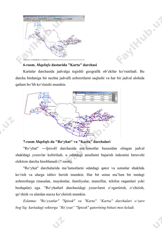 umiy maydonlaridan haydalgan erlar ulushi); "aholi yashash joylari" qatlami uchun - aholi yashash joylarining nomi, ulardagi aholining soni berilishi mumkin. "tuproqlarning sifatiǁ qatlami uchun – indeks ko‘rsatkichi, o‘g‘it turi va solish me’yori, tuproqning suv-havo rejimi, tuproq unumdorligi, almashlab ekish maydoni raqami, maydonning nishabligi va boshqa ma’lumotlar beriladi. jadval tarkibini o‘zgartirish yo‘llari 8rasmda keltirilgan. bunday dialogga "jadvalǁ ”tablitsa” →ǁo‘zgartirish" ”izmenit” → "qayta qurish" “perestroit” menyusi orqali chiqiladi. so‘ngra tarkibi o‘zgartirilishi kerak bo‘lgan jadval nomi tanlanadi. ―ma’lumotlar turlarini qo‘shishǁ "dobavit pole", ―ularni o‘chirishǁ "udalit pole" tugmasi orqali amalga oshiriladi. ―ma’lumotlar turlarini izohlashǁ "opisanie polya" dialogida bajariladi. "indeksǁ maydonida bayroqchalarni o‘rnatish zarur (so‘rovlar va ob’ektlar bilan bog‘liq boshqa muolajalarni amalga oshirish uchun). 6.3-rasmning yuqori qismida jadvalning tarkibi o‘zgartirgandan keyingi ―ro‘yhatǁ darchasi ko‘rsatilgan. eslatma. berilgan maydonlarning matnlari tiplarini mapinfo "ma’lumotnomasidan" "v spravochnike" topiladi. ―okǁ ni bosgach, "ro‘yhat" va "karta" darchalari birgalikda yopiladi. bunday vaqtda mapinfo dasturi jadval tarkibini o‘zgartirishga kirishgan bo‘ladi. yana ushbu qatlamni …