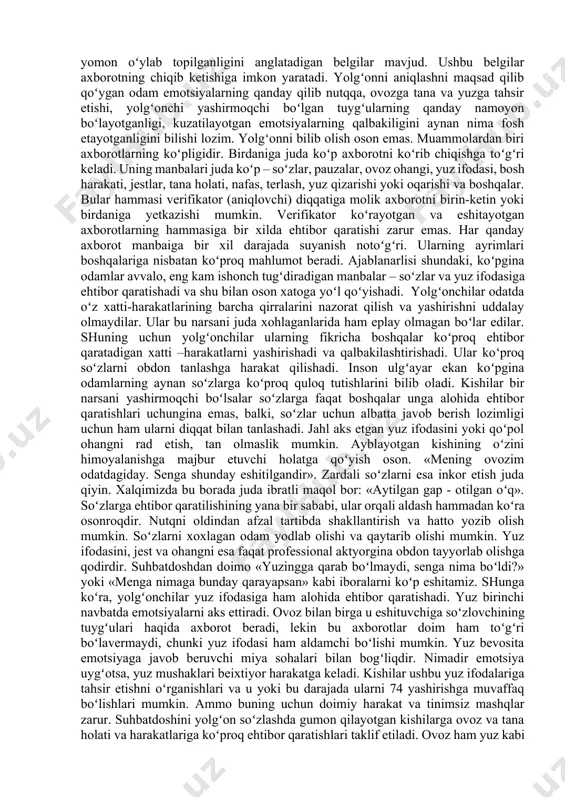 ogik jihati mavjud bo'lgan mazmunini aniqlaymiz. bunday o'qish naridan beri tez yuz beradi, chunki atrofdagilar bilan muloqot jarayonida bizda muayyan darajada ularning fe’l-atvoriga nisbatan avtomatik tarzda amal qiladigan psixologik ichki ma’no hosil bo'ladi.» muloqotning perseptiv jihati — kishining kishi tomonidan idrok etilishi, tushunilishi va baholanishi demakdir. muloqot jarayonida kamida ikki kishi ishtirok etadi. kishining qiyofasi, xatti-harakati asosida suhbatdosh haqida tasavvur hosil qilinadi. birbirini idrok qilishda quyidagi mexanizmlar g'oyat muhimdir: 1. identifikatsiya — inson o‘zini xayolan suhbatdoshi o‘rniga qo'yish orqali uning fikrlari va tasavvurlarini tushunishga intilishi. 2. empatiya — inson o'zini xayolan suhbatdoshi o'r niga qo'yish orqali uning kechinmalari va hissiyotlarini tushunishga intilishi. 3. refleksiya — inson suhbatdoshi tomonidan qanday idrok etilayotgani va tushunilayotganini anglashga intilishi. 4. stereotipizatsiya — inson suhbatdoshini tushunishga intilishi yo'lida muayyan shablonlardan foydalanishi. identifikatsiya (lotincha «tenglashtirish», «aynan o'xshatish») bir kishining ikkinchi kishini uning ta’rifmi subyektning o'z ta’rifiga anglanilgan yoki anglanilmagan tarzda o'xshatilishi orqali tushunish usulidir. odamlar o'zaro …