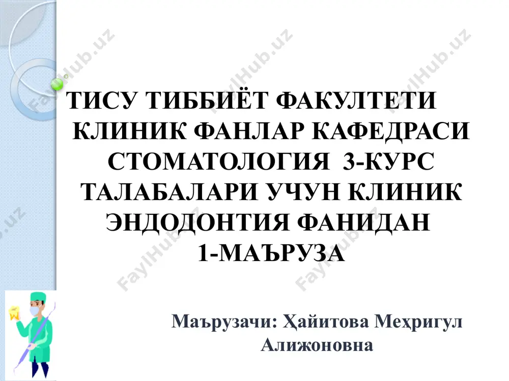 rig'i anamnez ko'rsatkichlari – morbi, vitae tashqi ko'rik engakdagi yara. r-grammada periapikal soxadagi suyak to'qimasi jaroxati ko'rsatilgan. endodontik davolashdan so'ng oqma yo'l yopilgan. 17 tashqi ko'rik shish. yuzning chap tomoni shishgan. rentgenogrammada 26 tish soxasida suyak to'qimasi emirilishi ko'rinadi. tashqi ko'rik oqma yo'l. ikkita teshikdan yiring oquvchi oqma yo'l. 16 tishdagi eski plomba olingach ochiq bo'shliq va nekroz xolatidagi pulpa to'qimasi ko'rinadi. og'iz daxlizi va hususiy og'iz bo'shlig'ini ko'rigi zondlash karies kavak bilan tish bo'shlig'ini aloqasini aniqlash palpatsiya paypaslash – og'iz bo'shlig'idagi xosilani shishganligini, zichlashganligini, organ va to'qimalarni xarakatchanligini aniqlashda qo'llaniladi. palpatsiya limfa tugunlarini bimanul palpatsiyasi ildiz proektsiyasi daxliz yuzasining palpatsiyasi ildiz proektsiyasidagi tanglayni palpatsiya kilish perkussiya vertikal gorizontal tishlarni qimirlashi pintset (barmoq) yordamida qimirlatish bilan bajariladi; normada tishda fiziologik qimirlash xam bo'ladi. termodiagnostika sog'lom pulpali (zararlanmagan) tish ma'lum temperatur ta'sirlarga javob beradi. kurak tishlar uchun indifferent (reaktsiya bo'lmagan) zona 30°s (50—52°s — issiqqa reaktsiya, 17 — 22°s — sovuqqa) …