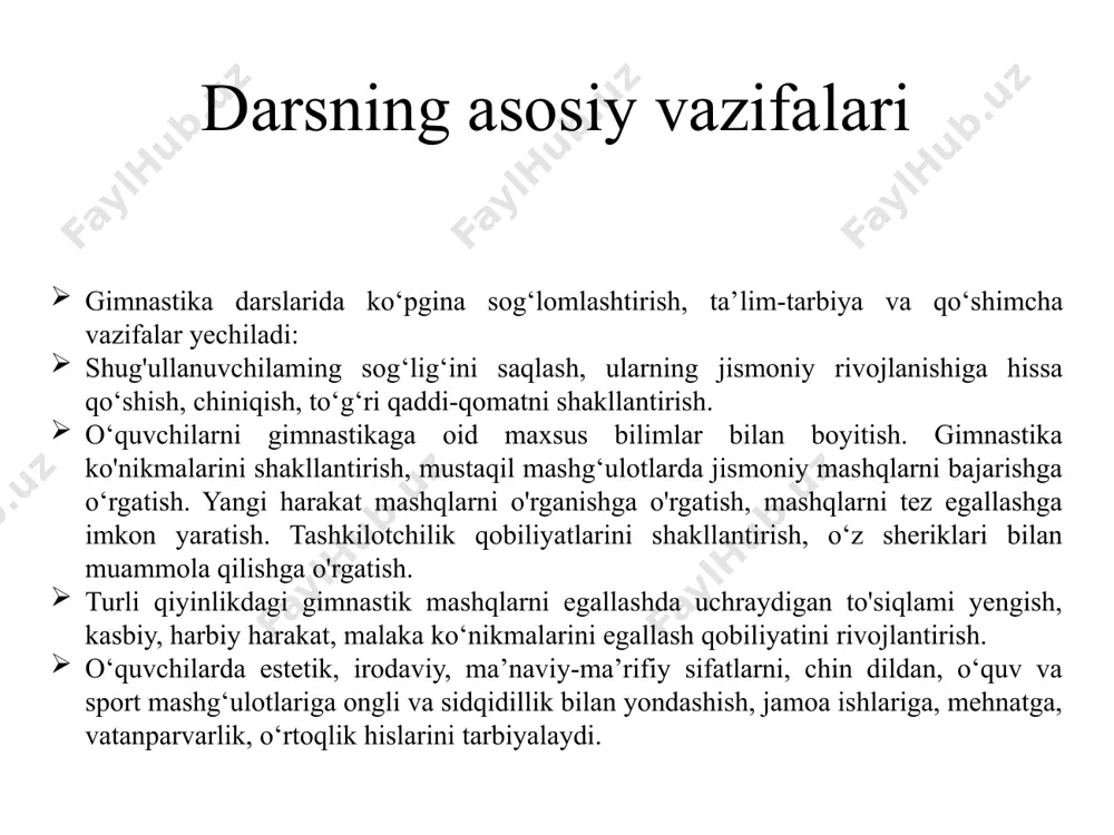 quvchilarning sog'lig'ini saqlash va mustahkamlash uchun sharoit yaratish. gimnastika mashg'ulotlarini tashkillashtirish uchun uch bosqich mavjud: birinchi bosqichda o'quvchilar asosiy ishga tayyorlanadilar; ikkinchi bosqichda asosiy ish bajariladi; uchinchi bosqichda esa darsga yakun yasaladi. dars qismlari — darsning tayyorlov, asosiy va yakuniy qismlariga bo’linadi. darsning tuzilishi dars o‘tishga oid uslubiy ko’rsatmalar boshgarish, vazifalarni aniqlash. o'qituvchining darsdagi faoliyatini belgilaydigan omil, darsning maqsadidir. o'rgatish, vazifani aniq belgilash — darsni muvaffaqiyatli o'tkazish va yakunlashning asosi. dars vositalari, usuli va uni tashkil qilish shakllarini tanlash, o’rgatish maqsadiga bog'liq. o'qituvchining har bir xatti-harakati maqsadga muvofiq bo'lishi shart. mashg'ulotning maqsadini ko'z oldiga keltirish darsda o'quvchilarning faolligini oshiradi, zarur bo'lgan yo'nalishda chuqurroq o'rganishga da’vat etadi. dars o'tish uchun vositalar tanlash. gimnastika darsining mazmunini, asosan, namunaviy dastur, yillik va ishchi reja belgi- laydi. biroq mashg'ulotlar har xil sharoitda o'tkaziladi, buni yagona dastur orqali boshqarib bo'lmaydi, shu sababli u uslubiy tahlil qilinishi va ayrim hollarda dastur hamda ishchi rejaga qo'shimchalar kiritilishi …
