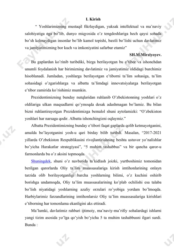 kasb-hunar kollejlari o’rnida 11 yillik o`rta maxsus ta`lim maktab tizimi joriy etildi. yoshlarning kasb-hunarni egallashi uchun ularning bo’sh vaqtlarida maktablarda to’garaklar kuchaytirildi. kasb-hunar kollejlari o’rnida o’quv markazlari ochildi. shuningdek, bu binolarni rekonstruksiyaga berilib, oliygohlar ochildi. boshqa davlatlar bilan hamkorlikda oliygohlar ochilmoqda. bu oliygohlardagi talabalarga o’z tahsilini o’sha davlatga borib tugallashi mumkinligi yana bir quvonarli holatdir. talabalar o’qish mobaynida bu davlatlarda ishlash imkoniga ham ega bo’lib, ularning ko’nikma, malaka va bilimlarini ham o’rganmoqda. maktab o’quvchilarining bilim saviyasi yaxshi bo’lishi uchun avvalo, o’qituvchilarning bilimi yaxshi bo’lishi kerakligi inobatga olinib, ularning malaka oshirish vaqtlarida imtihonlar olinmoqda. raqamli iqtisodiyotga o’tish qarorida esa yurtboshimiz tomonidan olib borilgan tashabbus doirasida onlayn tarzida ta’lim olish, chet tillarini o’rganish, talabalarning chet davlatlarda o’qish imkoniyatini oshirilmoqda. bularga javoban, yoshlarimizning har xil sport turnirlari, fan olimpiadalarida bizning har qaysi sohada bemalol yengishimiz mumkinligini, bu borada bor imkoniyatimizni ishga solib bo’sh kelmasligimizni isbotlamoqda. tekislik — geometriyanpnt asosiy tushunchalaridan biri. geometriyada tekislik …