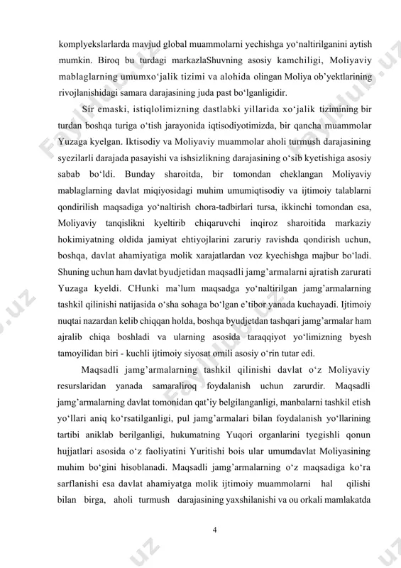 ori organlarini tyegishli qonun hujjatlari asosida о‘z faoliyatini yuritishi bois ular umumdavlat moliyasining muhim bо‘gini hisoblanadi. maqsadli jamg’armalarning о‘z maqsadiga kо‘ra sarflanishi esa davlat ahamiyatga molik ijtimoiy muammolarni hal qilishi bilan birga, aholi turmush darajasining yaxshilanishi va ou orkali mamlakatda amalga oshirilayotgan iktisodiy isloxotlarning kanchalik samara berayotganidan dalolat beradi. maqsadli jamg’armalarning zarurligi va maqsadga muvofiqligini ta’minlovchi yana bir muhim omil - bu byudjet taqchilligidir. xarajatlarning daromadlardan о‘sib kyetishi moliyaviy mablag’larni faqat kidirib topishni emas, balki korxonalar, tashkilotlar, va jismoniy shaxslardan tushgan mablag’larni kayta guruhlanishini ham talab etadi. pirovardida esa, xо‘jalikni va xususiylashtirishning kо‘p qirrali shakllari, byudjet shakllari bilan bir qatorda jamiyatda pul mablag’larini qayta taqimlashning yangi usullarini qо‘llash zaruriyatini qat’iy talab etadi. respublikamiz mustaqillikka erishgandan sо‘ng bozor iqtisodiyotiga о‘tish konsepsiyasi ishlab chiqildi. ushbu konsepsiyada bozor iqtisodiyotining tub belgilarini ilmiy izohlagan holda, ularni shakllantirish yо‘llari yoritib berilgan. shu bilan birga unda aholining keng katlamlarini, eng avvalo uning nochor guruhlarini ijtimoiy himoyalashni …