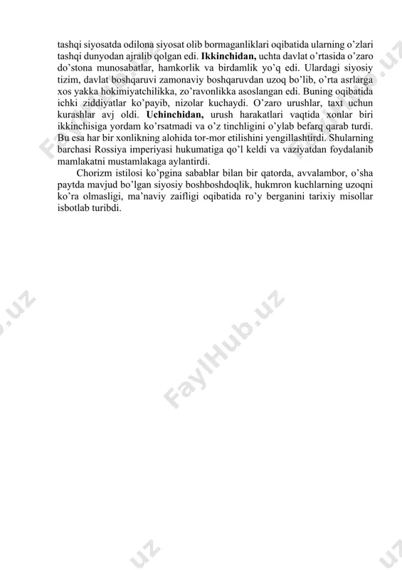 lar bir tomondan, chor rossiyasi bosqinchilarga qarshi, ikkinchi tomondan, kaufmanga batamom tobe bo’lib qolgan xudoyorxonga qarshi kurash boshlagan edilar. xalq qozg’alonchi kuchlarga ergashadi va 1873 yildan e'tiboran butun vodiyda qozg’alon boshlanadi. xudoyorxon ularni bostirishga ojizlik qilib, oxiri qo’qondan toshkentga qochib ketadi. kaufman xudoyorxonning 40 aravadagi boyliklarini musodara qilib, o’zini orenburgga surgun qiladi. xon u yerdan qochib hajga ketadi va hayoti ayanchli yakun topadi. xudoyorxon qochgach, qozg’alonchi kuchlar kimni xon qilib ko’tarish masalasida ikkiga bo’linib ketadi. ayrim kuchlar nasriddinbekni, boshqalari po’latxonni taxtga chiqarmohchi bo’ladi, ziddiyat yanada kuchayib bordi. kaufman xonlikdagi ichki kelishmovchilikdan foydalanib, uni batamom bosib olish uchun 1875 yil avgustda katta qo’shinlarni urushga safarbar etadi. nasriddinbek, lashkarboshi abdurahmon oftobochi bosqinchilarga taslim bo’lib ular tomoniga o’tadilar. 1876 yil fevralda po’latxon boshchiligidagi xalq qozg’alonlari qon bilan bostirildi. po’latxon 1876 yil 1 martda dorga osildi, uning safdoshlari ayovsiz jazolandi. 1873-1876 yillardagi farg’ona vodiysidagi qozg’alonlar xalqning ozodlik harakati edi. buni o’sha davrda kaufman ham …