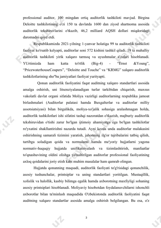 ldi. 1.auditorlik dalillar tushunchasi, ularning tayinlanishi va oldiga qo’yiladigan talablar. auditning xalqaro standartlari – aхs (international standarts of auditing – isas) da standartlash ob’ekti sifatida v – «auditorlik dalillar» (500-599) nomli maxsus bo’lim ajratilgan. ushbu bo’lim 9 ta standartni o’z ichiga oladi: № 500 – «auditorlik dalillar» (audit evidence) № 510– «birlamchi kelishuvlar – boshlang’ich qoldiqlar» (initial engagements opening balances) № 520 – analitik amallar (analytical procedures) № 530 – auditorlik tanlash (audit sampling) № 540 – buxgalterlik hisobida baholanadigan qiymatlar auditi (audit of accounting estimates) № 550 – bog’liq tomonlar (related parties) № 560 – keyingi hodisalar (subsequent events) № 570 – uzluksiz faoliyat (going concern) № 580 – rahbariyatning bildirgisi (management representations) ushbu standartlar auditorlik faoliyatining xalqaro amaliyotida olinadigan dalillarning yetarlilik darajasini va ularni to’plashga nisbatan qo’yiladigan talablarni belgilaydi. bizning mamlakatimizda esa shu vaqtgacha qabul qilingan auditorlik faoliyati milliy stanlartlaridan quyidagilarni shunday bo’lim sifatida umumlashtirish mumkin: №10-afms «moliyaviy …