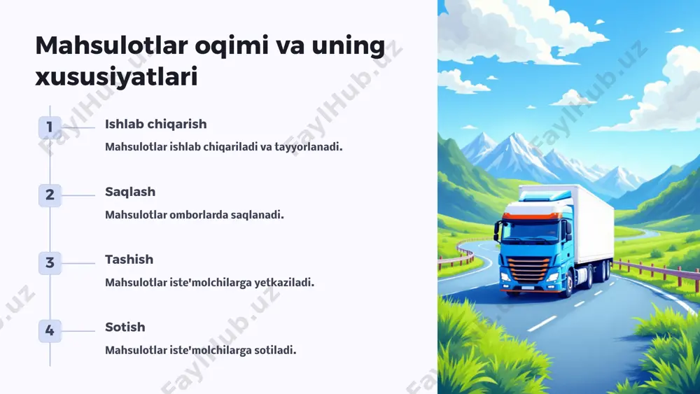 ing qilish. 3 boshqarish moddiy oqimlarni boshqarish va moslashtirish. 4 takomillashtirish moddiy oqimlarni samaradorligini oshirish. logistika tizimlarida vaqtni boshqarish yetkazib berish muddati mijozlarga va'da qilingan vaqt ichida buyurtmalarni yetkazib berish. tashish vaqti tashish vaqti minimallashtirish va samaradorlikni oshirish. ish vaqtini optimallashtirish ishchi kuchini samarali ishlatish va ish vaqtidan to'g'ri foydalanish. logistika tizimlarida resurslarni samarali taqsimlash omborxonalar omborxonalar maydonini samarali ishlatish. transport transport vositalaridan samarali foydalanish. ishchi kuchi ishchi kuchini samarali ishlatish. e'tiboringiz uchun rahmat image1.png image2.png image3.png image4.png image5.png image6.png image7.png image8.png image9.png image10.png image11.png image12.png image13.png image14.png image15.png image16.png image17.png image18.png image19.png image20.png image21.png image22.png image23.png image24.png image25.png image26.png image27.png