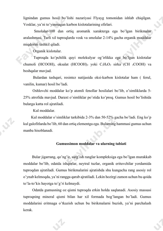 ni tuproqdan ajratish yo’llari mavjud bo’lib, uni quyidagicha tasvirlash mumkin. organik va noorganik erituvchi  tuproq to’q rangli eritma erimagan gumus moddalari (gumin va ulmin) kons. h2so4 yoki hcl cho’kma eritma, ya’ni kren va apokren (fulvokislota) spirt eritma cho’kma, gumin va ulmin kislotalari bu sxema asosida gumus moddalar quyidagi guruhlarga bo’linadi. 1. gumin va ulmin kislotalar. 2. fulvokislotalar (kren va apekren) 3. gimatomelan kislotasi. 4. gumin va ulmin. gumin kislotalar, ularning tarkibi, tuzilishi va xususiyatlari odatda gumin kislotalari guruhiga naoh, koh, nh4oh, nahco3, na4p2o7, naf lar yordamida ajratilgan moddalar kiritiladi. gk geterogen, polidispers yuqori molekulali azotli oksikislotalar hisoblanadi. aleksandrova ma’lumotlariga ko’ra, gk ni elementlar tarkibi c 50-62, h 86.6, o 31-40, n 2-6% ni tashkil qiladi. shuni alohida aytish joizki, elementlarning bu birlikdagi, ya’ni foizlardagi ko’rinishi hech nima bermaydi. shularga qarab gk ning tuzilishi aromatik halqalarini yoki faol uchastkalarini aniqlab bo’lmaydi. shuning uchun aleksandrova gk dagi elementlar atomlar soni bilan …
