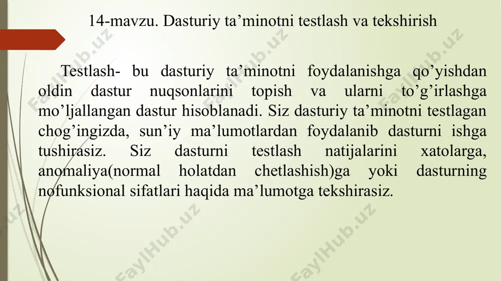 nlarni testlash keraksiz tizimlarning nuqsonlariga barham berish bilan bog’liq, masalan, tizimning to’xtab qolishi, boshqa tizimlar bilan keraksiz bo’g’lanishi, ma’lumotlarning noto’g’ri hisoblanishi va buzilishi. birinchi maqsad -bu ishlatilishi kutilayotgan tizim tekshirishlarini testlashdir. bunda ishlatilishi kutilayotgan tizimni tekshiruvchilarni berilgan testlar jamlanmasidan to’g’ri foydalangan holda testlash lozim. ikkinchi maqsad- tizim nuqsonlarini testlashga olib keladi. bunda tizim nuqsonlarini ko’rsatishi uchun nazorat misollari qo’yilgan bo’ladi. albatta, testlashning bu ikki yo’li o’rtasida aniq bir chegara yoq. tekshiruvlarni testlash vaqtida siz tizimdagi nuqsonlarni topasiz; nuqsonlarni testlash vaqtida bazi testlar dasturiy ta’minot ularning talablari javob berayotganini ko’rsatadi. rasmda ko’rsatilgan sxema tekshirishlarni testlash va nuqsonlarni testlash orasidagi farqlarni tushunishga yordam beradi. testlovchi tizimingizni qora quti deb tasavvur qiling. i deb o’rnatilgan kiruvchi signallardan tizim kiruvchi signallar qabul qiladi va chiquvchi signallarni o deb o’rnatilgan chiqishga uzatadi. chiqishlarning ba’zilari xatolikka tutilishi mumkin. bular oye jamlanmasidagi chiquvchilardir, ular ie jamlanmasidagi kiruvchi signallarga javoban ishlab chiqilgandir. nuqsonlarni testlashda birinchi o’rinda ie da …