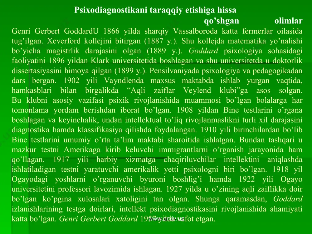 jarayonlari, xususiyatlari va holatlarini o’rganishga daxldor psixodiagnostikaning zamonaviy metodlari esa xix asr oxirlari va xx boshlarida yuzaga kela boshladi. zamonaviy psixologiyada malakali psixologlar yordamida miqdoriy psixodiagnostik metodlarga asoslanadigan ehtimollar nazariyasi va matematik statistikaning ayrim sohalari tez rivojlanib bormoqda. biroq endi matematik statistikani psixologiyada emas, balki, biologiya, iqtisodiyot kabi fanlarda ham qo’llay boshladilar. ma’lum vaqtdan so’ng esa psixik holatlarning miqdoriy psixodiagnostikasi uchun maxsus usullar yaratilishi yuzaga keldi. masalan, faktorli tahlil shular jumlasidan bo’lib, u birinchi bor shaxs xislatlarini va aqliy rivojlanishni psixodiagnostika qilishda ishlatildi. www.arxiv.uz www.arxiv.uz 2.5. birinchi statistik asoslangan testlar ilk maxsus, psixometrik tadqiqot markazi mashhur angliyalik psixolog galton tomonidan angliyada tashkil etilgan edi. 1884 yilda u antropometrik laboratoriyaga asos soladi. laboratoriyaning asosiy vazifalaridan biri, inson qobiliyatlari haqidagi statistik ma’lumotlarni yig’ishdan iborat edi. mazkur laboratoriyaga tashrif qiluvchilar ixtiyoriy ravishda o’z qobiliyatlarini o’lchash imkoniyatiga ega bo’lishib, o’z davrida undan deyarli 10000 ga yaqin kishi foydalangan edi. galton statistikani psixologiyada qo’llashning tashkilotchisi …