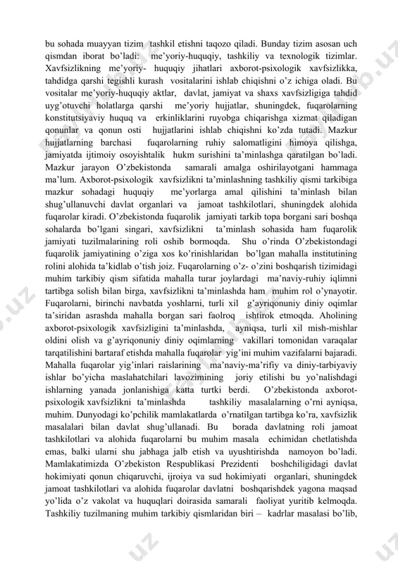 a: nazariy-mafkuraviy va kundalikpsixologik darajalarda namoyon bo’ladi. nazariy-mafkuraviy darajada dunyoqarashlar, ilmiy kontseptsiyalar, madaniy qadriyatlar o’rtasida kurash yuz beradi va bunda ta’sir shaxsning intellektual salohiyatiga targ’ibot, mantiqiy dalillar yordamida o’tkaziladi. kundalik-psixologik darajada esa kurash odamlarning kayfiyatini tegishli yo’nalishda o’zgartirish maqsadida amalga oshiriladi. bunda uqtirish usuli asosiy vosita hisoblanadi. ishontirish usuli asosli dalillar keltirish yordamida shaxs e’tiqodiga ta’sir o’tkazishni maqsad qilib qo’ysa, uqtirish yordamida inson psixikasiga e’tiborni tortmasdan kirib boriladi. o’tkazilayotgan axborot-psixologik ta’sirni bir necha xil mezonlar asosida tasnif qilish mumkin. ana shunday mezonlardan biri – ta’sirning ochiq yoki xufyaligi. buzg’unchi ta’sirlar ko’pincha ob’ektga sezdirmasdan maxsus texnologiyalar (masalan, manipulyativ texnologiyalar, nlp texnologiyalar, suggestiv texnologiyalar va h.k.) yordamida o’tkaziladi. bunda asosiy e’tibor sub’ektning ongiga emas, ong ostiga qaratiladi. bunday ta’sirlardan himoyalanish uchun odamlar psixologiyadan hech bo’lmasa boshlang’ich ma’lumotga ega bo’lishlari zarur. ong ostiga xufya tarzda o’tkazilgan ta’sir shaxsning xarakterini, xulq- atvorini o’zgartirib, aql-zakovati va ijodiy imkoniyatlarini keskin pasaytirish yuborishi mumkin. bunday ta’sir turli …