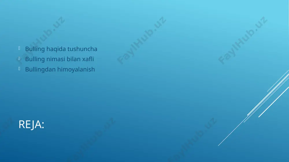 r. zo‘ravonlik bulling bolalar uchun zararli va uzoq davom etadigan oqibatlarga olib kelishi mumkin. zo‘ravonlik bullingni jismoniy ta’siridan tashqari, bolalarda hissiy va ruhiy salomatlik bilan bog‘liq muammolar, shu jumladan depressiya va xavotirlanishga olib kelishi va buning oqibatida bolalarda giyohvandlikka moyiillik va maktabdagi mashg‘ulotlarning past o‘zlashtirilishiga olib kelishi mumkin. shaxsiy zo‘ravonlik bullingdan farqli o‘laroq, kiberzo‘ravonlik jabrlanuvchiga har qanday joyda, har qanday vaqtda taziyq o‘tkazishi mumkin. bu juda katta zarar etkazishi mumkin, chunki u tezda keng auditoriyaga etib borishi va barcha ishtirokchilar uchun internetda doimiy iz qoldirishi mumkin. bullingdan himoyalanish bullingdan qanday himoyalanish mumkin? bullingni to‘liq yo‘q qilish imkonsiz, bu jamiyatda doimo u yoki bu shaklda davom etaveradigan hodisa. bullingdan to‘liq himoyalanish imkonsiz bo‘lsa-da, quyidagi maslahatlar undan saboq chiqarib, kuchliroq inson sifatida shakllanishga yordam berishi mumkin: ijobiy psixologiyani o‘zingiz o‘rganing va farzandingizga o‘rgating. ijobiy psixologiya insondagi patologiya va muammolarni emas, ko‘proq insonlarning nekbinligi va bardoshliligini qanday saqlab qolishini o‘rganadigan fandir. bolaga u …