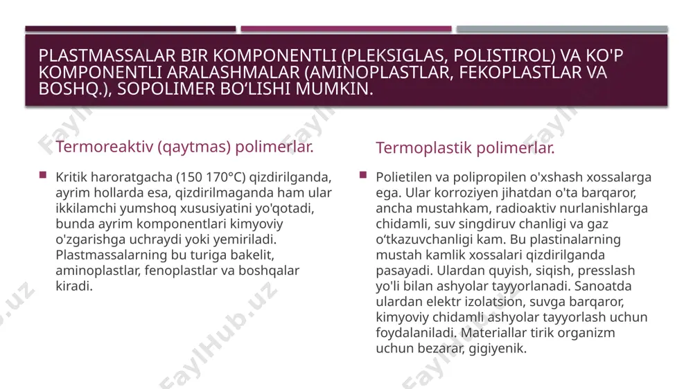 lar o'z-o'zidan qotadigan, deyiladi. o'z-o'zidan qotadigan plastmassalarning polimer kukunlari tarkibida benzoil peroksid miqdori 1 % atrofida, aktivator esa, monomerda 3 % miqdorida boʻladi. o'z-o'zidan qotadigan plastmassalar polimerlanishining o'z xususiyatlari bor: 1) polimerlanish tugallangandan so'ng massada 5 % gacha monomer qoladi, bu issiqlik ta'sirida polimerlanishga qaraganda 10 baravar ko’p; 2) hosil boʻladigan polimer zanjirlar issiqlik bilan polimerlanishdan ko'ra kaltadir; 3) o'z-o'zidan qotadigan plastmassaning polimerlanishida ko'pmiqdorda issiqlik ajralib chiqadi, bu massada teshiklar va chig'anoqlar hosil boʻlishini keltirib chiqarishi mumkin.ortiqcha issiqlikni yo'qotish uchun buyumlarni sovuq suvga solish tavsiya etiladi. bu, asosan, massiv buyumlarga taalluqlidir: polimerlanadigan massa hajmi katta boʻlganda koʻproq miqdorda issiqlik ajralib chiqadi; 4) polimerlanishning ayrim aktivatorlari (dimetilpara-toluidin,paratoluosulfin kislota) kimyoviy jihatdan beqaror moddalarhisoblanadi, shunga ko'ra, biroz vaqt o'tgandan keyin plastmassao'z rangini o'zgartiradi. so'nggi yillarda ko'rsatib o'tilgan kamchiliklari bo'lmagan yangi aktivatorlar taklif qilingan. uchlamchi amin [ch-ch so(ch),n-ch shular qatoriga kiradi. bu aktivatorni qo'lla nish polimerlanishning to'la-to'kisligini ta'minlaydi, natijada, plastmassadagi qoldiq monomer miqdori 1-2 …
