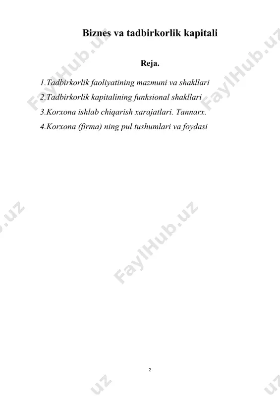 ни. тадбиркорлик ва тадбиркорлар фаолиятининг кафолатлари тўғрисида. ] k.makkonnell va s.bryu tadbirkorlikka asosida uzluksiz shartlar va talablar yotuvchi muhim faoliyat turi sifatida qaraydilar. birinchidan, tadbirkor tovar va xizmatlar ishlab chiqarish jarayonida ishlab chiqarish omillarini birlashtiradi va “katalizator” vazifasini bajaradi. ikkinchidan, biznesni yuritish jarayonida u qarorlar qabul qilishdek qiyin bir vazifani zimmasiga oladi. uchinchidan, tadbirkor – tashkilotchi shaxs bo`lib, yangi ishlab chiqarish texnologiyalarini joriy qilib, yangi mahsulotlar ishlab chiqarishga intiladi. to`rtinchidan, tadbirkor bu tahlikaga boruvchi insondir. u nafaqat o`z mol-mulki, vaqti, mehnati bilan, balki o`z sheriklari, hissadorlari qo`shgan mablag`lar bilan ham tahlikaga boradi.[footnoteref:2] [2: макконнелл к., брю с. экономика. принципы, проблемы и политика.- м.: республика, 1992, с.38.] tadbirkorlik faoliyati to`g`risida yuqorida keltirilgan turli xil fikrlar va yondashuvlarni umumlashtirgan holda, qisqa qilib quyidagicha ta’rif berish mumkin: tadbirkorlik faoliyati – shakli va sohasidan qat’iy nazar foyda olish va undan samarali foydalanish maqsadiga qaratilgan iqtisodiy faoliyatdir. tadbirkorlikning rivojlanishi, o`z navbatida, bir qator sharoitlarning mavjud …