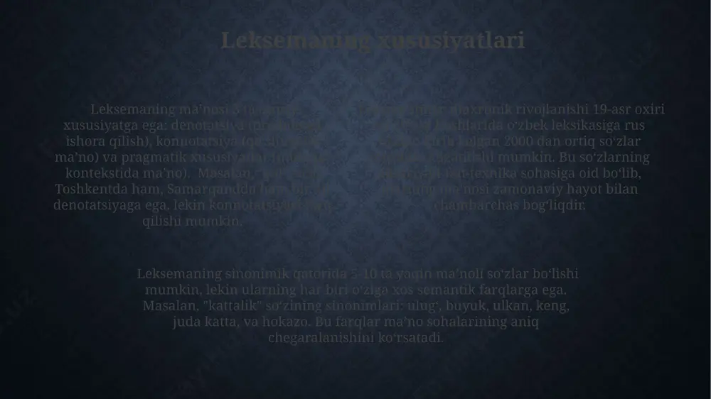 xoro shahrida yozma adabiyot rivojlangan davrda faol ravishda qo'llanila boshlangan. qadimgi turkiy tillarda mavjud bo'lgan "ko'k" so'zi hozirgi o'zbek tiliga o'zgarishsiz o'tib kelgan bo'lib, turkiy xalqlarning 5000 yildan ortiq tarixini aks ettiradi. etimologiya o'rganishda 1000 dan ortiq qadimgi yunon va lotin so'zlarining kelib chiqishi tahlil qilinadi, bu esa zamonaviy ingliz tilidagi 20% dan ortiq so'zlarning ildizini aniqlashga yordam beradi. leksikografiya va lug'atlar zamonaviy leksikografiya, xususan, ingliz tili lug‘atlarining ta’siri ostida, 30 dan ortiq turli xil lug‘at turlarini, jumladan, sinonimlar, antonimlar va frazeologik lug‘atlarni yaratishga olib keldi. leksikografiya sohasida 20-asrning ikkinchi yarmidan boshlab, kompyuter texnologiyalari va korpus lingvistikasi keng qo‘llanila boshlandi, bu esa o‘zbekiston kabi mamlakatlardagi lug‘at tuzish ishlariga sezilarli ta’sir ko‘rsatdi. o‘zbek tili lug‘atlarida 50 000 dan ortiq so‘z mavjud bo‘lib, ularning morfologik va semantik xususiyatlari, shuningdek, etimologiyasi samarqand va buxoro kabi shaharlardagi tarixiy manbalar asosida o‘rganilgan. dialekt leksikasi toshkent shahri atrofidagi 2 ta qishloq dialektlarida 1500 ta so'z tahlil …
