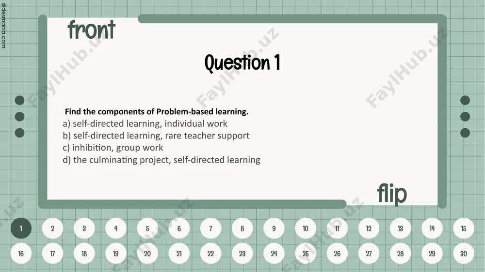 2 23 24 25 26 27 28 29 30 question 7 which stage of a task-based learning lesson is the statement about? “the students complete a task in pairs or groups using the language resources that they have as the teacher monitors and offers encouragement.” a)report b)task c)practice d)planning 7 front flip 1 2 3 4 5 6 7 8 9 10 11 12 13 14 15 16 17 18 19 20 21 22 23 24 25 26 27 28 29 30 question 8 complete the sentence with a suitable word. task-based learning usually starts with ________ from reading or listening. the learners are then required to complete the task through speaking or writing a)output b)production c)practice d)input 8 front flip 1 2 3 4 5 6 7 8 9 10 11 12 13 14 15 16 17 18 19 20 21 22 23 24 25 26 27 28 29 …