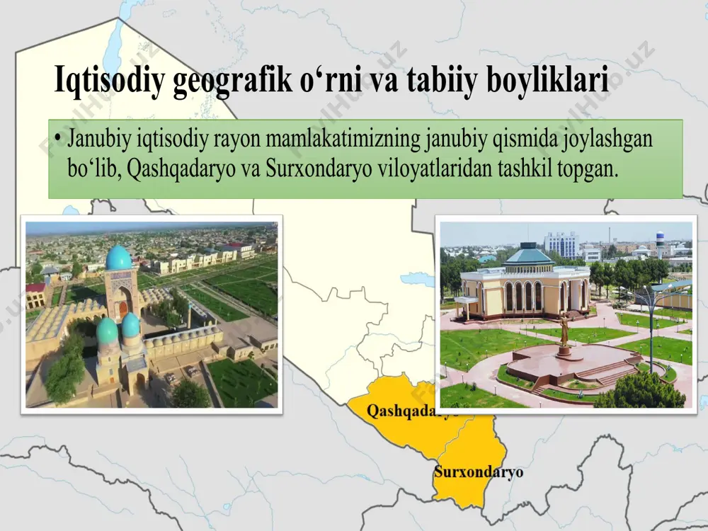 rdaryo iesni, hatto angren iesni ham yoqilg‘i bilan ta'minlaydi. muborak gaz konlari butun mamlakatga va xorijiy davlatlarga yoqilg‘i yetkazib bermoqda. bir nechta neft, yonuvchi slanes konlari aniqlangan. osh tuzi, marmar, ohaktosh, gips zaxiralari kimyo va qurilish materiallari sanoati uchun katta istiqbollar ochadi. image1.jpeg aholisi •iqtisodiyrayon bo‘ylabaholijudanotekisjoylashgan. sug‘oribdehqonchilikqilinadigantumanlardaaholizich(har birkv. km ga100-250 kishi), tog‘, cho‘l, chalacho‘llardaaholisiyrak. shaharlarkengaymoqda, yangishaharchalarpaydobo‘lmoqda. /docprops/thumbnail.jpeg aholisi aholisi iqtisodiy rayon bo‘ylab aholi juda notekis joylashgan. sug‘orib dehqonchilik qilinadigan tumanlarda aholi zich (har bir kv. km ga 100-250 kishi), tog‘, cho‘l, chala cho‘llarda aholi siyrak. shaharlar kengaymoqda, yangi shaharchalar paydo bo‘lmoqda. image1.jpeg •iqtisodiyrayonnitashkiletganikkiviloyatdasanoatniholatibir-biridankeskinfarqqiladi. qashqadaryoviloyatida, asosan, qaziboluvchisanoathisobigasanoatyuksakrivojlanganbo‘lsa, surxondaryoviloyatiningsanoatinimamlakatsanoatidagihissasijudakam. /docprops/thumbnail.jpeg слайд 12 iqtisodiy rayonni tashkil etgan ikki viloyatda sanoatni holati bir-biridan keskin farq qiladi. qashqadaryo viloyatida, asosan, qazib oluvchi sanoat hisobiga sanoat yuksak rivojlangan bo‘lsa, surxondaryo viloyatining sanoatini mamlakat sanoatidagi hissasi juda kam. image1.jpeg sho`rtangazkimyomajmuasi /docprops/thumbnail.jpeg sho`rtan gaz kimyo majmuasi sho`rtan gaz kimyo majmuasi image1.jpeg transporti •iqtisodiyrayondatransportningbarchaturlarimavjud. so‘nggivaqtlardarayondagihar ikkalaviloyatningijtimoiy-iqtisodiytaraqqiyotinitezlashtirish, yuk tashishningtransport ta'minotiniyaxshilashmaqsadida«toshg‘uzor-boysun-qumqo‘rg‘on» …
