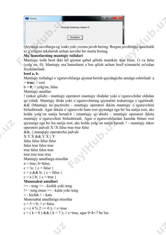case : ; break; case : ; break; [default : operator n + 1]; } tanlash operatorida boshqarilish o`zgaruvchiga mos ravishda qiymatlarga uzatiladi va mos operator ishga tushadi. default operatori birorta ham qiymat o`zgaruvchiga to`g`ri kelmasa ishlatiladi. default operatorini ishlatmasdan tashlab ketish ham mumkin. eslatma: dasturlashga doir kitoblarni o`qiganingizda, biror operatorning umumiy ko'rinishining to'rtburchak qavs [ ] belgisi oralig'ida yozilgan qismini ishlatmasdan tashlab ketish mumkin. operatorning bu qismidan foydalanish ixtiyoriy bo`ladi. misol: kiritilgan songa mos ravishda hafta kunini chiqaruvchi programma tuzilsin. borland c++ builder da dasturu: void __fastcall tform1::button1click(tobject *sender) { int n; n=strtofloat(edit1->text); switch (n) { case 1: label3->caption=("dushanba"); break; case 2: label3->caption=("seshanba"); break; case 3: label3->caption=("chorshanba"); break; case 4: label3->caption=("payshanba"); break; case 5: label3->caption=("juma"); break; case 6: label3->caption=("shanba"); break; case 7: label3->caption=("yakshanba"); break; default: label3->caption=("bunday hafta kuni yo'q"); } natija: tanlash operatorida bir nechta qiymatga bir hil operator ishlatishi quyidagicha bo'ladi. borland c++ builder da dasturu: void __fastcall …