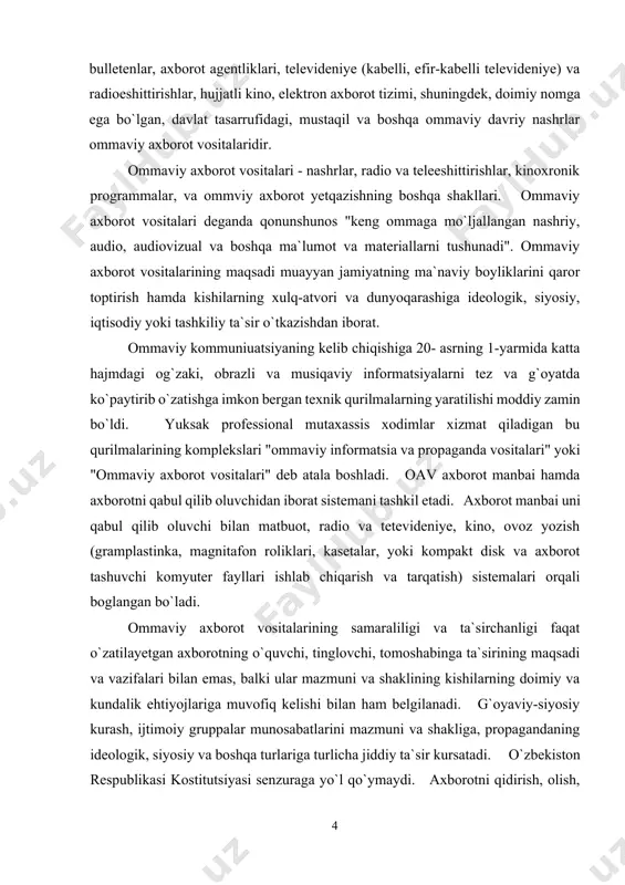 komyuter fayllari ishlab chiqarish va tarqatish) sistemalari orqali boglangan bo`ladi. ommaviy axborot vositalarining samaraliligi va ta`sirchanligi faqat o`zatilayetgan axborotning o`quvchi, tinglovchi, tomoshabinga ta`sirining maqsadi va vazifalari bilan emas, balki ular mazmuni va shaklining kishilarning doimiy va kundalik ehtiyojlariga muvofiq kelishi bilan ham belgilanadi. g`oyaviy-siyosiy kurash, ijtimoiy gruppalar munosabatlarini mazmuni va shakliga, propagandaning ideologik, siyosiy va boshqa turlariga turlicha jiddiy ta`sir kursatadi. o`zbekiston respublikasi kostitutsiyasi senzuraga yo`l qo`ymaydi. axborotni qidirish, olish, berish, ishlab chiqarish, va tarqatishning qonuniy shakli davlatga tegishli yoki qonun bilan maxsus qo`riqlanadigan sirlarni mumkin emasligi e`tirof etiladi. shuningdek oavni jinoiy javobgarlikka tortiladigan maqsadlar yo`lida, masalan, hokimiyatni egallashga qaratilgan chaqiruvlar, konstitutsion tuzumni kuch ishlatish yo`li bilan o`zgartirish; milliy, sinfiy, ijtimoiy, diniy adovatni keltirib chiqaradigan materiallar: urushni propoganda qiluvchi pornografik, yovo`zik va bosqinchilikni targ`ib etuvchi programmalarni tarqatishi taqiqlangan. shuningdek maxsus oavlarga tegishli axborot tekstlarini tele-, video-, kinoprogrammalarda, xujjatli va badiy filmlarda, shuningdek kompyuter axborot fayllarida va axborotni qayta ishlash programmalarida …