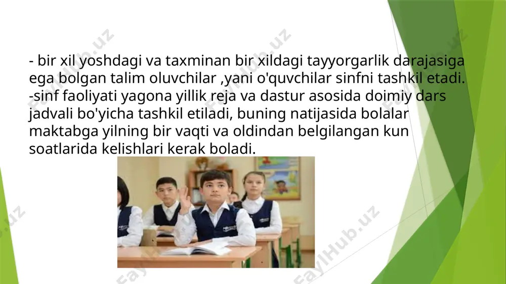 h uchun doskada yozilganlarni o'chirishga to'g'ri keladi va avval yozilganlarni qayta ko'rsatish imkoni bo'lmaydi. bundan tashqari o'qitvchi doskaga yozayotganda tahsil oluvchilarga nisbatan teskari holatda bo'ladi va uni eshitish qiyin bo'ladi. doska - stend - mashg'ulotlarda o'quv munozaralari, aqliy hujum, guruh ishlari va boshqa muhokamalar natijalarini hujjatlashtirishda foydalaniladigan o'qitishning texnika vositasidir. bunda stendga o'sha kattalikdagi qog'oz qo'yiladi va unga turli rangdagi hamda shakldagi kartochkalar yordamida sxemalar, tuzilmalar, sharhlar va shu kabilarni tuzish mumkin. doska - stendning afzalligi shundaki, unda kartochkalar (sxemalar, tuzilmalar, sharhlar va h.k.) joylashuvini xohlagan vaqtda o'zgartirish imkoniyati mavjud. shuningdek doska - stend bilan ishlaganda qisqa vaqt ichida barcha tinglovchilarning fikr - mulohazalari va g'oyalarini qamrab olish va qayd etish imkoniyatiga ega bo'linadi. noananaviy bo'lmagan dars - noan'anaviy (noma'lum) tuzilishga ega bo'lgan improvizatsiya qilingan o'quv mashg'ulotlaridir. pedagogik adabiyotlarning tahlili bir necha o'nlab turdagi nostandart darslarni ajratish imkonini berdi, ammo ular bitta maqsadga birlashtirilgan - asosiy qonunning bajarilishiga olib keladigan …