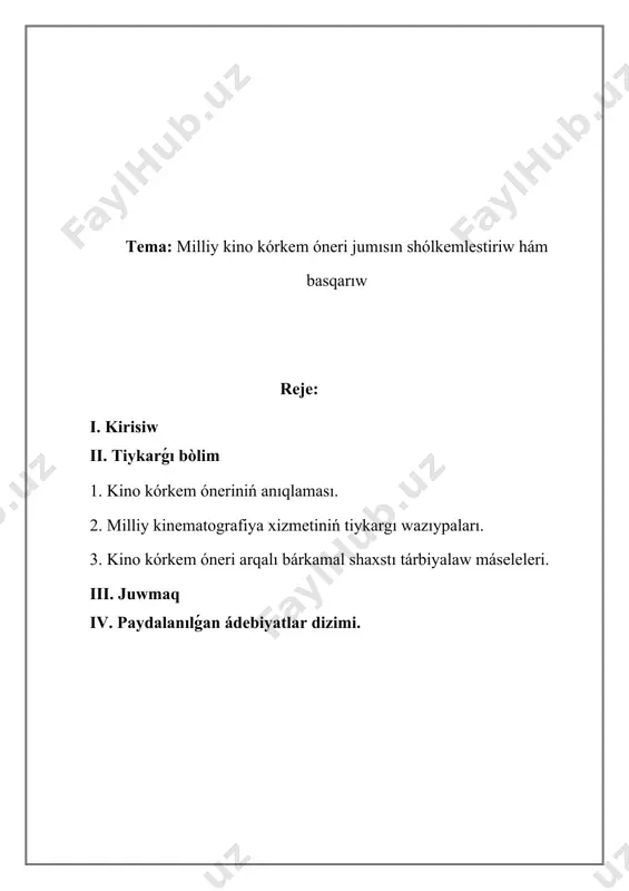 qádiriyatların asıraw, ásirler dawamında jayimizde qáliplesken ruwxıy -bilimlendiriw miyraslardı jáhán xalıqları kinosan'ati menen uyqaslasqan halda keleshek áwladqa jetkiziw maqsetinde «2018 - 2022-jıllarda milliy mádeniyattı rawajlandırıw konsepsiyasın tastıyıqlaw tuwrısında»gi 2018-jıl 28-noyabrde imzalangan prezident sheshiminde de kino kórkem óneri tarawı boyınsha bólek qatarlar bar.koncepciyada mámleketimizde islep shıǵarılıp atırǵan kino ónimleriniń ideologiyalıq kórkem dárejesin jáne de kóteriw, jaslar ushın ruwxıy ibrat bolıp xızmet etetuǵın kórkem obrazlar jaratıw, kino sanaatı tarawına shet el investitsiyalardı tartıw,islep shıǵılıp atırǵan kino ónimleriniń ózin aqlawı hám dáramat keltiriwine qaratılǵan zamanagóy marketing izertlewlerin ótkeriw, anıq maqsetli kino islep shıǵarıw programmaların islep shıǵıw milliy kinomahsulotlarimizni xalıq aralıq kinofestivallarǵa usınıw, sonday-aq, olarda qatnasıw boyınsha sistemalı jumıslar aparıw, milliy kinematografiyanı sırt ellerde aktiv targ'ib qılıw jáne onıń jáhán kino maydanında múnásip orın iyelewi ushın barlıq sharalardı kóriw boyınsha anıq jobalar islep shıǵıw máseleleri ortaǵa taslanǵan. sol qatarı mámleketimiz basshısı 2020-jıl 24-yanvarda tashkent qalasında xalıq aralıq kongress orayında bolıp ótken saltanatli jıynalısta joqarı …