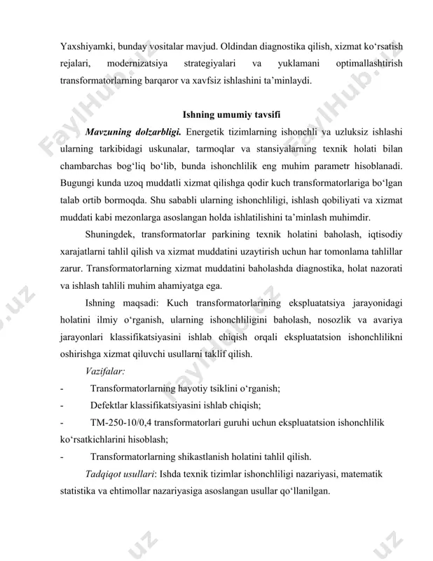 a bo‘lgan barcha elektr energiyasi ishlab chiqaruvchi va taqsimlovchi korxonalar, ularning ishonchliligini saqlab qolish maqsadida transformatorlarni almashtirish yoki modernizatsiya qilish bo‘yicha investitsion loyihalarni rejalashtirishga majbur bo‘ladi. bunday baholash jarayoni avariya, to‘satdan uzilishlar, uskuna shikastlanishi, kuchlanishni tiklash, jazolar va xizmat ko‘rsatish bilan bog‘liq xarajatlarni hisobga olishi zarur. ko‘p yillik ishlayotgan transformatorlar ko‘pincha yuqori yuklama va yuqori haroratda ishlaydi. bunday sharoitda ularning ishonchliligini ta’minlash uchun nosozlik xavfi yuqori bo‘lgan transformatorlarni aniqlovchi baholash usullari zarur. yaxshiyamki, bunday vositalar mavjud. oldindan diagnostika qilish, xizmat ko‘rsatish rejalari, modernizatsiya strategiyalari va yuklamani optimallashtirish transformatorlarning barqaror va xavfsiz ishlashini ta’minlaydi. ishning umumiy tavsifi mavzuning dolzarbligi. energetik tizimlarning ishonchli va uzluksiz ishlashi ularning tarkibidagi uskunalar, tarmoqlar va stansiyalarning texnik holati bilan chambarchas bog‘liq bo‘lib, bunda ishonchlilik eng muhim parametr hisoblanadi. bugungi kunda uzoq muddatli xizmat qilishga qodir kuch transformatorlariga bo‘lgan talab ortib bormoqda. shu sababli ularning ishonchliligi, ishlash qobiliyati va xizmat muddati kabi mezonlarga asoslangan holda ishlatilishini ta’minlash …