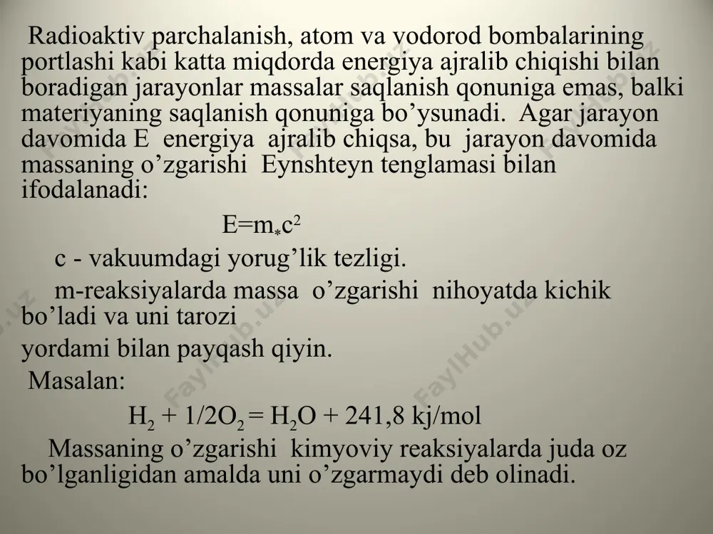 to’liq reaksiyaga kirishadigan modda miqdoriga aytiladi. murakkab moddalarning ekvivalent massalari quyidagi formulalar bilan hisoblanadi: e mgo= 40/2= 20. ehcl=36,5/1= 36,5 e(alcl3)= 133,5/3=44,5 agar aniq biror reaksiya berilgan bo’lsa, moddaning ekvivalentini topish uchun uning molyar massasini reaksiyaga kirishgan vodorod va gidroksil ionlari soniga bo’linadi. masalan: h3po4 + naoh = nah2po4 + h 2o e (nah2po4) = 98/1 = 98g h3po4 + 2naoh = na2hpo4 + 2h2o e (na2hpo4) = 98/2 = 49g 5.hajmiy nisbatlar qonuni. fransuz olimi gey-lyussak gaz moddalarning ta’sirlashuvini tekshirib, o’zining hajmiy nisbatlar qonunini kashf etdi. bu qonun quyidagicha ta’riflanadi: " o’zgarmas haroratda va bosimda reaksiyaga kirishgan gazlar hajmlarining o’zaro nisbati hamda reaksiya natijasida hosil bo’lgan gazlar hajmlariga nisbati butun kichik sonlar kabi bo’ladi". masalan: h2o + cl2 = 2hcl 1v 1v 2v 1:1:2 n2 + 3h2 = 2nh3 1v 3v 2v 1:3:2 6. avogadro qonuni. hajmiy nisbatlar qonunini tushuntirish uchun italiya olimi avogadro 1811 yilda quyidagi gipotezani oldinga …