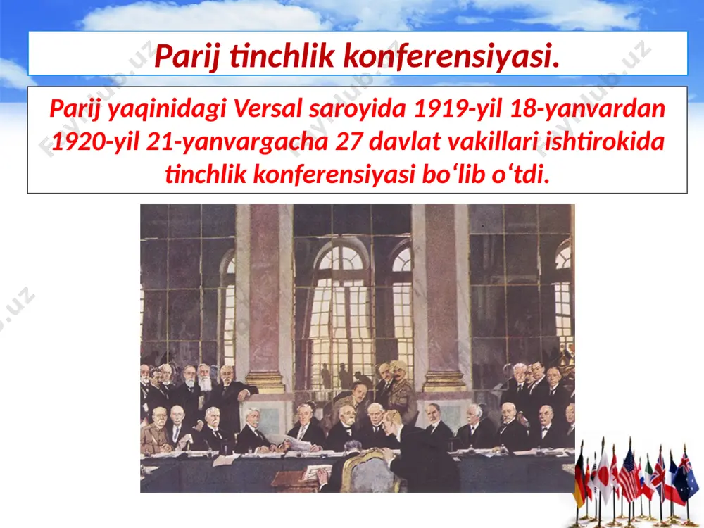 lindi. u birinchi jahon urushidan keyin yuzaga kelgan hududiy o‘zgarishlar ga qonuniy tus bergan so‘nggi yirik shartnoma bo‘ldi. 1919 – 1923-yillari imzolangan shartnomalar va jahondagi kuchlarning yangi nisbati xalqaro munosabatlarning versal-vashington tizimi nomini oldi. versal-vashington tizimi bir guruh davlatlarning dunyoga hukmronligini o‘rnatdi. birinchi jahon urushidan so‘ng g‘arbning bir qator mamlakatlarida o‘ng radikal, ekstremistik harakatlar vujudga kelib, umumiy nom bilan fashizm deb ataldi. fashistik harakatning liderlari ijtimoiy safsatabozlikdan keng foydalandilar, kishilarning millatchilik hissiyotiga ta’sir o‘tkazishga harakat qildilar, o‘z millati uchun ijtimoiy adolatni, «yangi jamiyat»ning o‘zlariga ma’qul shaklini qurishni va’da qildilar. versal-vashington tizimining inqirozi va barbod bo‘lishi. versal-vashington tizimi omonat bo‘lib chiqdi. u ham g‘oliblar, ham mag‘lublar o‘rtasidagi o‘zaro ziddiyatlar tufayli yemirilib bordi. yaponiya uzoq sharqda o‘zining tajovuzkor rejalarini amalga oshirishga kirishdi. 1931 – 1932-yillari yaponiya manchjuriyani bosib oldi va manchjou-go qo‘g‘irchoq davlatini tuzdi. yaponiya xitoyga qarshi tajovuzni kuchaytirdi va 1937-yil iyulda keng miqyosdagi urush harakatlarini boshlab, markaziy xitoyni va boshqa bir …