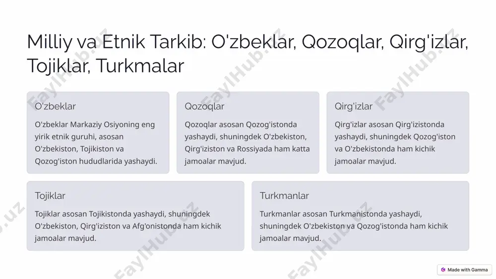 gi va hamjihatligi 1 birlik markaziy osiyo xalqlari o'zining madaniy va etnik xilma-xilligi bilan faxrlanadi. bu xilma-xillik mintaqaning boyligi va g'ururidir. 2 hamjihatlik birgalikda yashaydigan barcha millatlar o'rtasidagi o'zaro tushunish va hurmat muhim ahamiyatga ega. bu tinchlik va barqarorlikni ta'minlaydi. 3 kelajak kelajakda ham, markaziy osiyo xalqlari birlik va hamjihatlikda yashaydi, o'zining boy madaniy merosini saqlaydi va rivojlantiradi. 10 image1.png image2.png image3.png image4.png image5.png image6.png image7.png image8.png image9.png image10.png image11.png image12.png image13.png image14.png image15.png image16.png image17.png