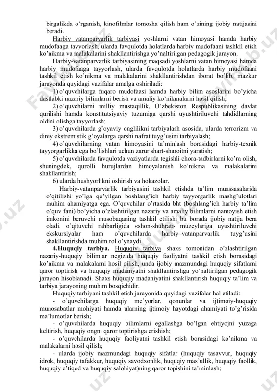 qiy ong va fuqarolik madaniyatiga ega bo’lish; · to’g’ri so’z, adolatli, muruvvatli, mehribon bo’lmish; · o’z faoliyati va xatti-harakatiga nisbatan mas’uliyatli bo’lish; · baynalminallik, o’zga mamlakatlarning xalqlariga nisbatan hurmatda bo’lish va boshqalar. 3. vatanparvarlik va baynalminallik tarbiyasining maqsad, va-zifalari va metodlari. fuqarolik tarbiyasini tashkil etish jarayonida shaxsda vatanparvarlik (lotincha «patriotes» – vatandosh, «patris» – vatan, yurt) tuyg’usini shakllantirishga alohida e’tibor qaratiladi. binobarin, fuqaro muayyan davlatning a’zosi sifatida uning sha’ni, obro’-e’tiborini ta’minlashi, uning manfaatlari uchun kurasha olishi zarur. «vatan atamasi aslida arabcha so’z bo’lib, ona yurt ma’nosini bildiradi, vatan tushunchasi ken va tor ma’noda qo’llaniladi. bir xalq vakillari jumuljam yashab turgan, ularning ajdodlari azal-azaldan istiqomat qilgan hudud nazarda tutilsa, bu keng ma’nodagi tushunchadir. kishi tug’ilib o’sgan uy, mahalla, qishloq nazarda tutilsa, bu tor ma’nodagi tushunchadir»[footnoteref:1]11. [1: 11ibrohimov a., sultonov x., jo’raev n. vatan tuy\usi. – toshkent, o’zbekiston, 1996. – 139-bet.] vatanparvarlik shaxsning o’zi mansub bo’lgan millat, tug’ilib o’sgan vatani tarixidan g’ururlanishi, …