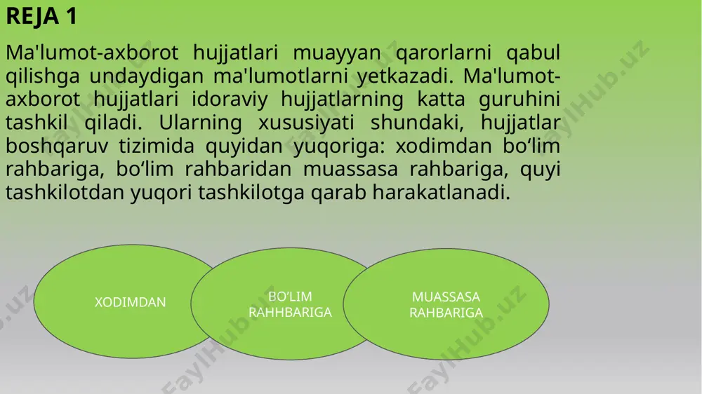 gizni so‘rayman. ilova: 1. tuman mtbning 2019-yil 20-avgustdagi yo‘llanmasi. 2. maoshim haqidagi ma’lumotnoma. 3. tug‘ilganlik guvohnomasidan ko'chirma. 4. tibbiyot ma’lumotnomasi. k. alimov 2019-yil 10-sentyabr arizaning turlari z xizmat arizasi shikoyat taklif da’vo iltimos bayonnoma turli y ig ‘ilish, kengash va boshqa tur anjumanlaming borishini, majlis qatnashchilarining chiqishlari va ular qabul qilgan qarorlami aniq, siqiq holda qayd qiluvchi rasmiy hujjat. u voqelikning o ‘rni vaqti va holati haqida ma’lumot berish bilan birgalikda, qarorlaming to 'g 'r i qabul qilinganligini tekshirish va ularning bajarilishini nazorat qilishga imkon beradi. doimiy ish ko'ruvchi organlar (ilmiy kengash, hay’at va boshqalar), shuningdek, vaqtinchalik ish ko'ruvchi organlar (konferensiyalar, y ig ‘ilishlar, anjumanlar, komissiyalar) faoliyatlarida, albatta, bayonnoma yozilishi kerak. bayonnoma yozilishiga ko’ra: qisqa to’liq stenogra- fik fonografik konspektiv qisqa bayonnoma - faqatgina kun tartibi, m a’ruzachi va muzokarada qatnashuvchilar familiyasi va qabul qilingan qaror ko'rsatiladi. ularda m a’ruzalar mazmuni batafsil bayon qilinmaydi. to’liq bayonnoma – majlisda so’zga chiqqanlarning …