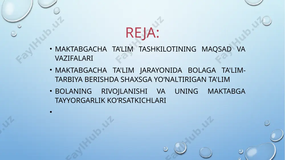 rayoni ishtirokchilarining shaxsiy majburiyatlarini rivojlantirish va to‘liq namoyon qilish uchun sharoit yaratishni ko‘zlaydi ijtimoiy pedagogik yondashuv ijtimoiy pedagogik yondashuv. uning mazmuni shundan iboratki, bola tomonidan insoniyat tajribasining o‘zlashtirilishini ta'minlovchi rivojlanishni amalga oshirish. bunday yondashuv ta'lim berish jarayonini yakuniy natijaga-bola shaxsining ijtimoiylashuviga erishishga yo‘naltirilgan. uning mohiyati bola tomonidan jamiyatning ahloqiy, ma'naviy o‘zgarishlarni tubdan isloh qilishdir. bunday yondashuvda ta'lim tarbiya beruvchi vazifani bajaradi. ta'limning tarbiyaviy maqsadi – bola extiyojlarini tarbiyalash, pedagogik nuqtai-nazarni tadbiq etish (kattalar tomonidan boshqarilayotgan jamoaviy faoliyatda bola tomonidan o‘zining shaxsiy kechinmalari orqali “ahloqiy bosqichlar”ni bosib o‘tish yo‘li). tarbiyaviy maqsadning mazmuni shundaki, bolada ahloqiy qadriyatlar tizimi, dunyoga hissiy-baholovchi munosabat shakllanadi. 3 bolaning rivojlanishi va uning maktabga tayyorgarlik ko‘rsatkichlari bolaning rivojlanishi va uning maktabga tayyorgarlik ko‘rsatkichlari quyidagilar: 1.jismoniy tayyorgarlik (bolaning mazmuniy jihati rivojlanishining fiziologik darajasi); 2.psixologik tayyorgarlik (bola shaxsi tarkibining xissiy, mental (aqliy), irodaviy rivojlanish darajasi); 3.ijtimoiy tayyorgarlik (bolaning mazmuniy jixatdan ijtimoiy rivojlanish darajasi). refleksiv tayyorgarlik: refleksiv tayyorgarlik: pedagogik refleksiya (refleksiv …