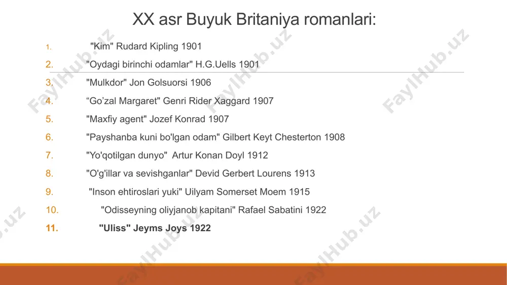 ohat" duglas adams 1979 “tun bolalari” salmon rushdi 1981 "sehrning rangi" terri pratchett 1983 "suv ​​mamlakati" graham svift 1983 ”oskar uayldning vasiyatnomasi piter akkroyd 1983 "arilar zavodi" iain banks 1984 "vaqt bolalari" ian mcewan 1987 "kunning qolgan qismi" kazuo ishiguro 1989 "dunyo tarixi o'n yarim bobda" julian barnes 1989 "vaqt o'qi" martin amis 1991 "magistral faylasuflar" tibor fisher 1994 "shimoliy chiroqlar" filip pullman 1995 "hech qachon" neil gaiman 1996 "garri potter va falsafa toshi" joan rouling 1997 "yo'qotilgan orzular bekati" xitoy mievilale 2000 agata kristi agata kristi (1891.15.9, torki, angliya — 1976) — ingliz yozuvchisi. detektiv janri ustasi. 85 roman, 20 pesa va ko‘plab hikoyalar muallifi. agata kristi eng yaxshi asarlarida («puaro tergov qiladi», 1924; «kaminlar siri», 1925; «rojer ekroydning qatl etilishi», 1926; «n yoki m?» 1941; «qopqon», 1954; «ayblov guvoxi», 1954 va b.) jinoyat nafaqat dalillar asosida, balki qahramonlarning, chunonchi, belgiyalik izquvar erkyul puaroning botiniy tuyg‘usi va sezgirligi tufayli …