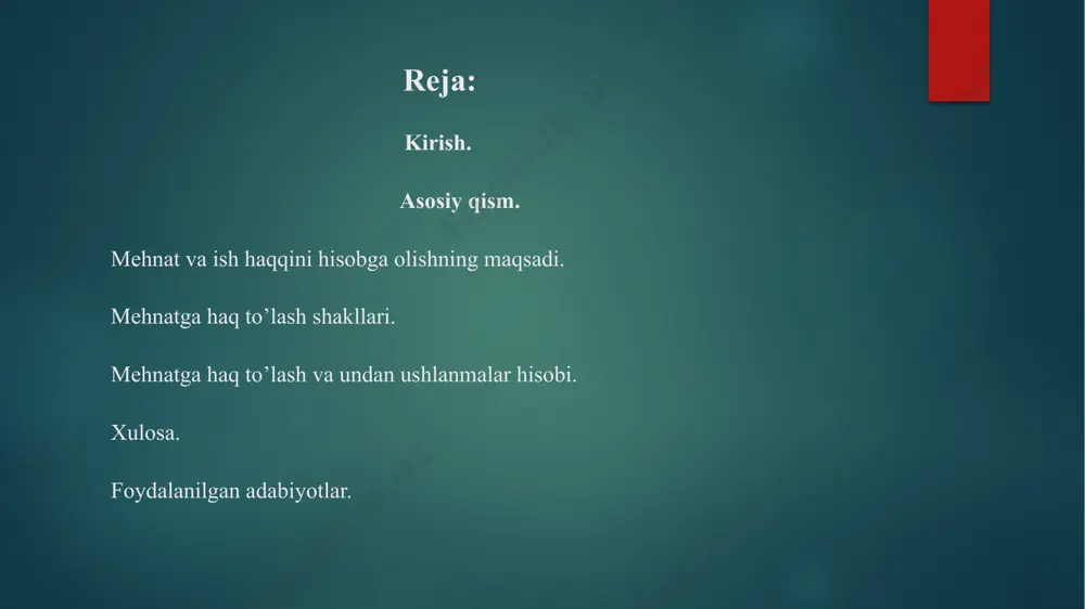 y shaffoflikni ta’minlashga xizmat qiladi. ish haqini hisobga olishning asosiy maqsadi – xodimlarga o‘z mehnati evaziga o‘z vaqtida va to‘g‘ri to‘lovlarni amalga oshirish, soliqlar va majburiy to‘lovlarni nazorat qilish hamda korxona xarajatlarini aniq hisobga olishdan iborat. xodimlarning ish haqlarini to‘g‘ri hisoblash – bajarilgan ish hajmi va sifatiga mos ravishda haq to‘lashni ta’minlash. ish haqi fondini rejalashtirish va nazorat qilish – tashkilot moliyaviy resurslaridan samarali foydalanish. mehnat unumdorligini oshirish – xodimlarni rag‘batlantirish orqali ishlab chiqarish samaradorligini kuchaytirish. davlat me’yorlariga rioya qilish – soliq, pensiya va boshqa majburiy to‘lovlarni to‘g‘ri hisoblash va hujjatlashtirish. iqtisodiy tahlil va rejalashtirish – mehnat xarajatlarini baholash va optimallashtirish. shu sababli, mehnat va ish haqini hisobga olish tizimi korxonaning iqtisodiy samaradorligini oshirishda muhim rol o‘ynaydi. korxonaning ishlab chiqarish-xo'jalik faoliyati jonli mehnatni iste’mol qilish bilan birga yuz beradi. mehnat haqi - bu mehnatning bahosi yoki narxidir. uning miqdori va dinamikasi bozor omillariga, birinchi navbatda esa unga bo‘lgan talab va …